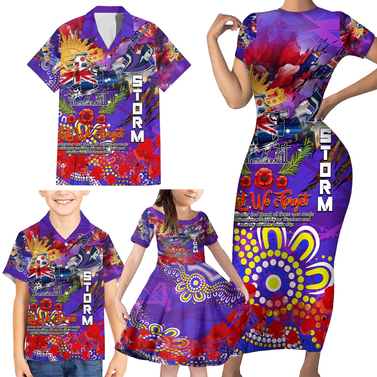Personalised Australia Rugby Storm ANZAC Family Matching Short Sleeve Bodycon Dress and Hawaiian Shirt Melbourne Scratch Style