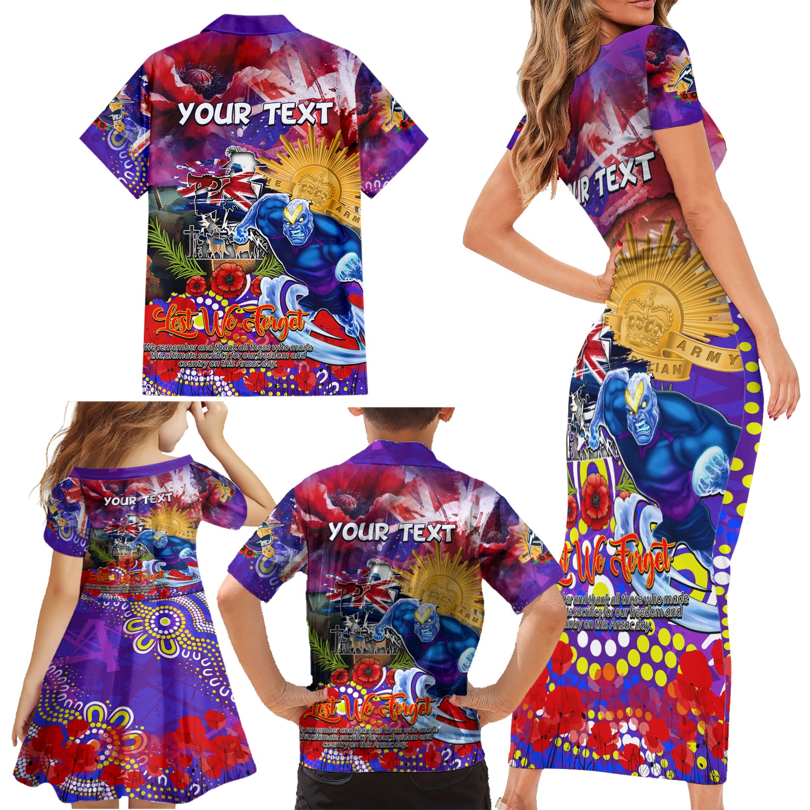 Personalised Australia Rugby Storm ANZAC Family Matching Short Sleeve Bodycon Dress and Hawaiian Shirt Melbourne Scratch Style