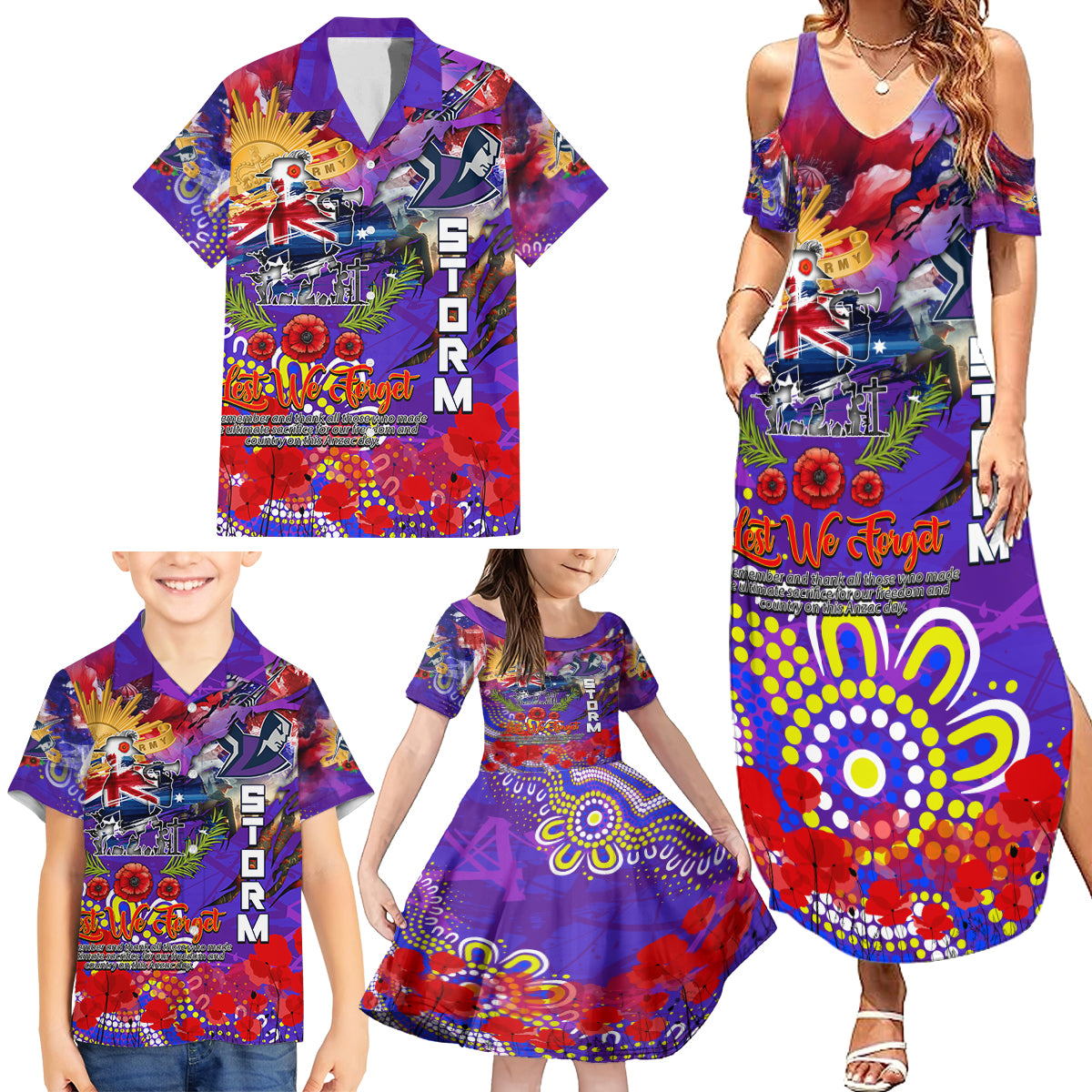 Personalised Australia Rugby Storm ANZAC Family Matching Summer Maxi Dress and Hawaiian Shirt Melbourne Scratch Style