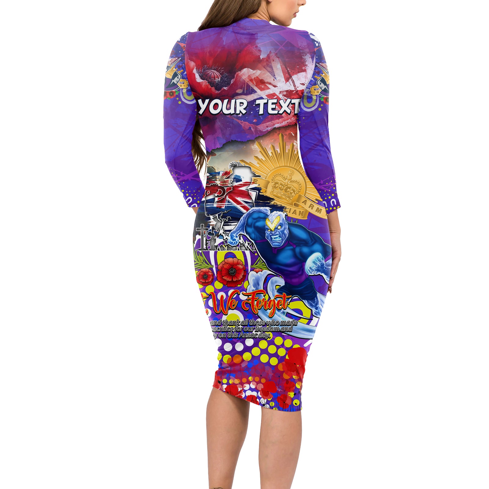 Personalised Australia Rugby Storm ANZAC Long Sleeve Bodycon Dress Melbourne Scratch Style