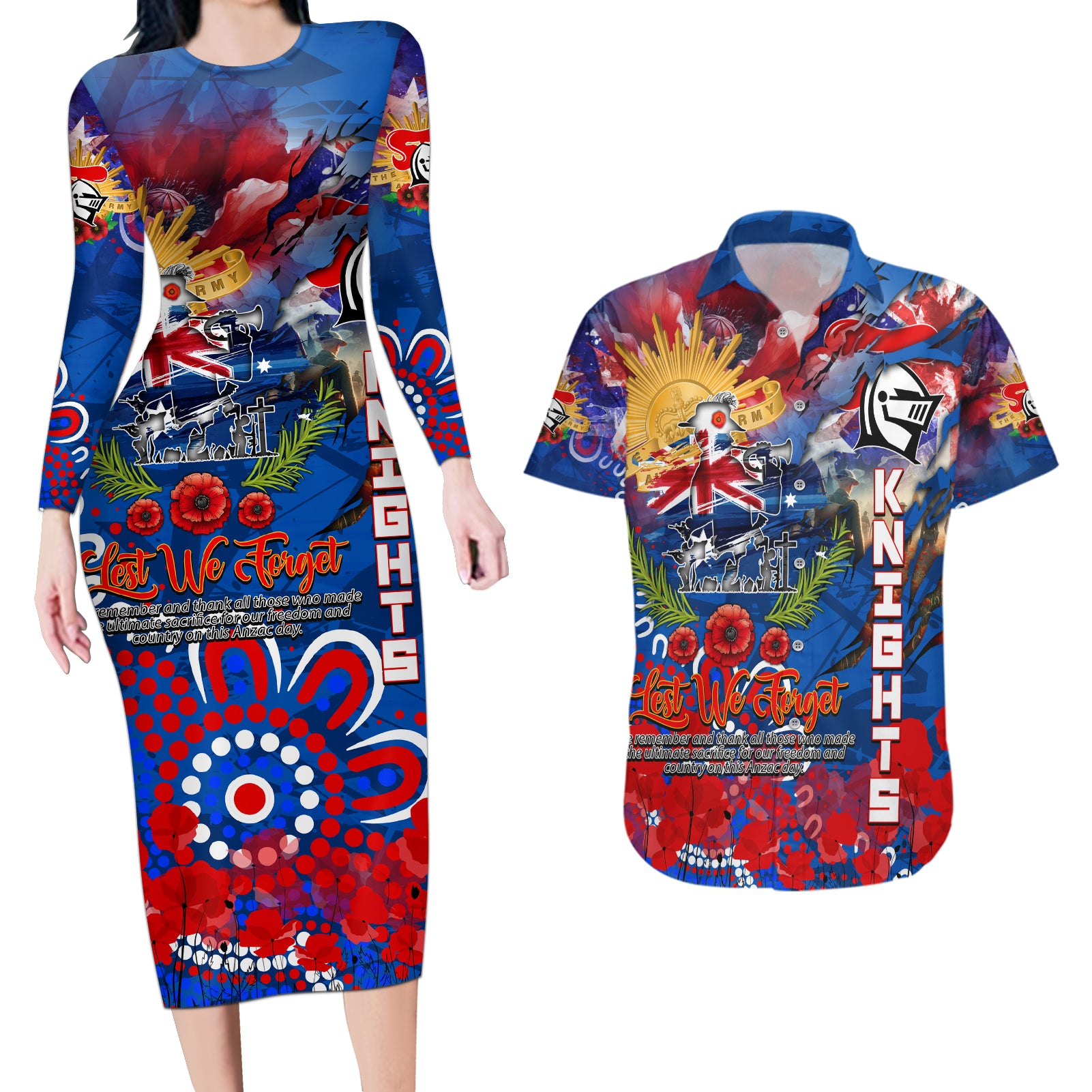 Personalised Australia Rugby Knights ANZAC Couples Matching Long Sleeve Bodycon Dress and Hawaiian Shirt Newcastle Scratch Style
