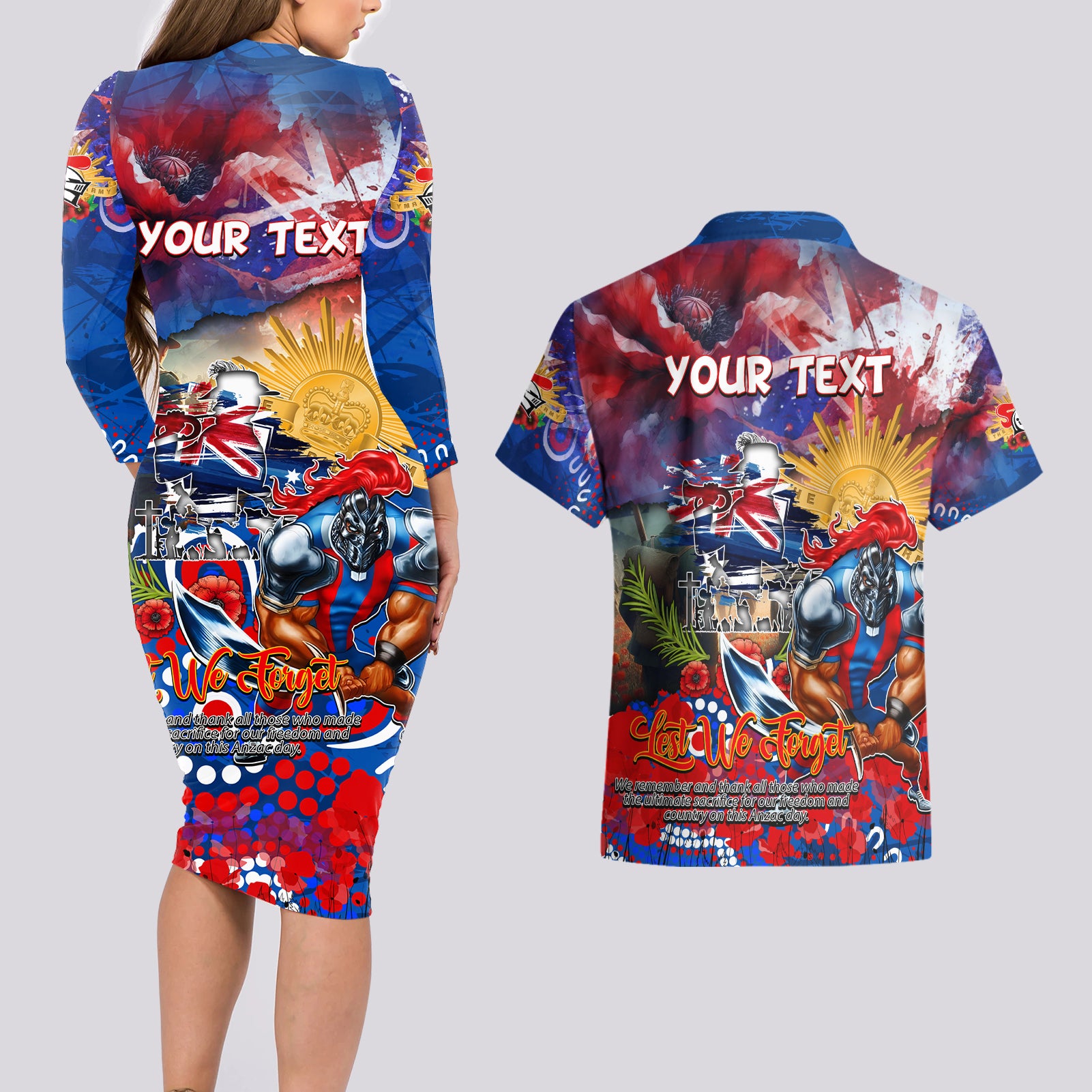 Personalised Australia Rugby Knights ANZAC Couples Matching Long Sleeve Bodycon Dress and Hawaiian Shirt Newcastle Scratch Style