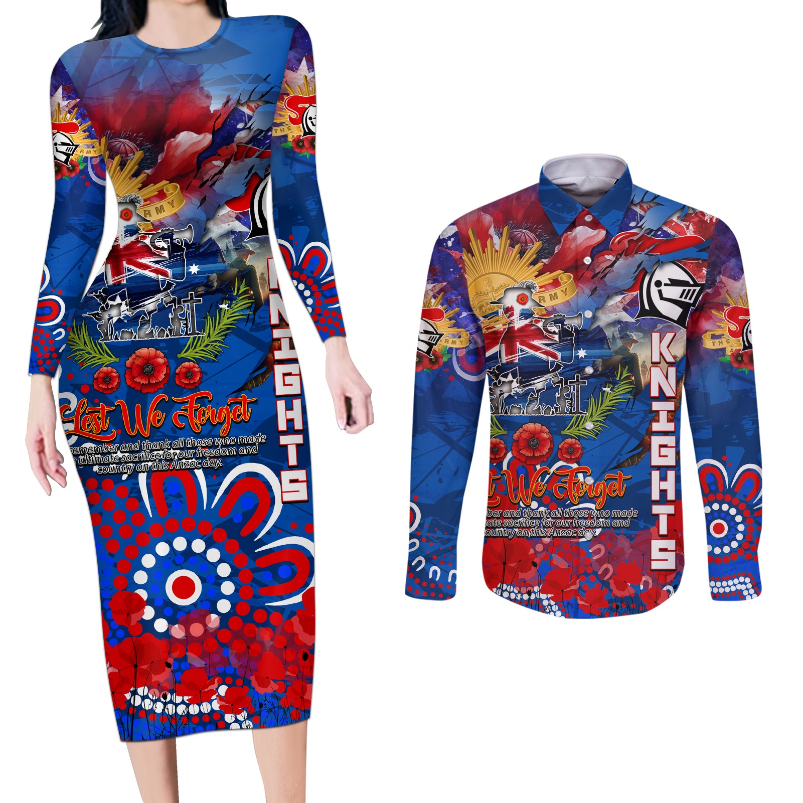 Personalised Australia Rugby Knights ANZAC Couples Matching Long Sleeve Bodycon Dress and Long Sleeve Button Shirt Newcastle Scratch Style