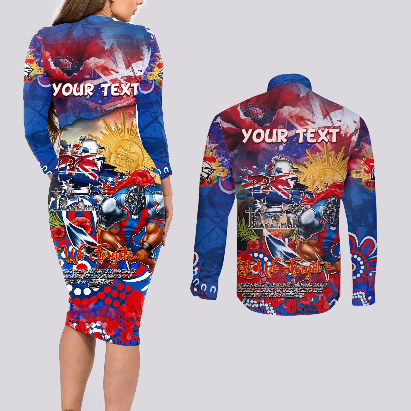 Personalised Australia Rugby Knights ANZAC Couples Matching Long Sleeve Bodycon Dress and Long Sleeve Button Shirt Newcastle Scratch Style