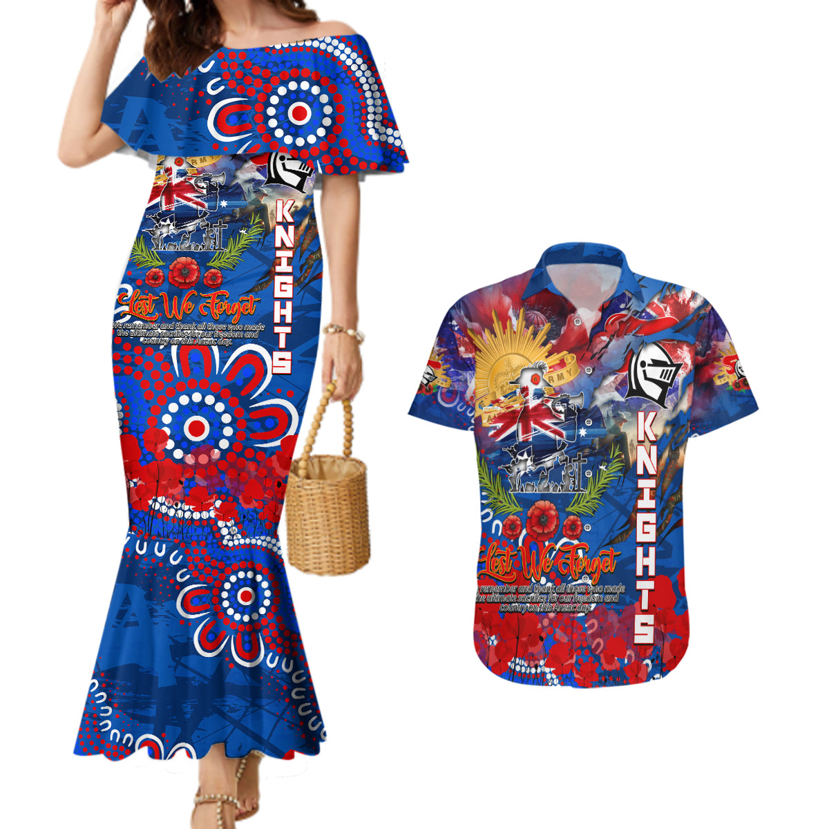 Personalised Australia Rugby Knights ANZAC Couples Matching Mermaid Dress and Hawaiian Shirt Newcastle Scratch Style