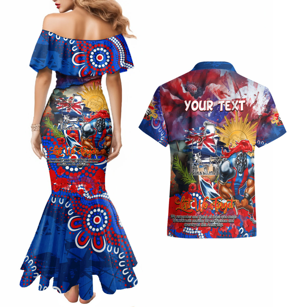 Personalised Australia Rugby Knights ANZAC Couples Matching Mermaid Dress and Hawaiian Shirt Newcastle Scratch Style