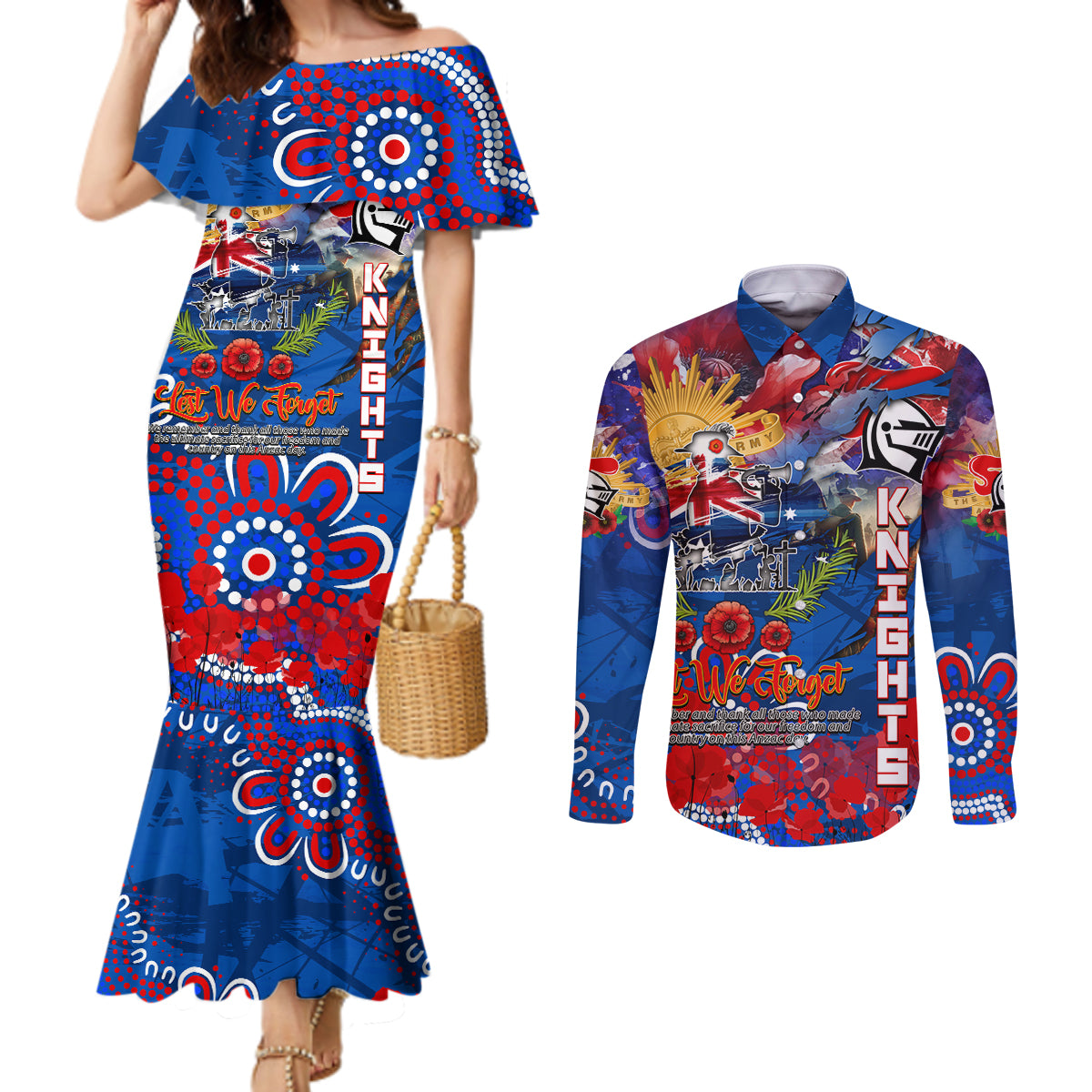 Personalised Australia Rugby Knights ANZAC Couples Matching Mermaid Dress and Long Sleeve Button Shirt Newcastle Scratch Style