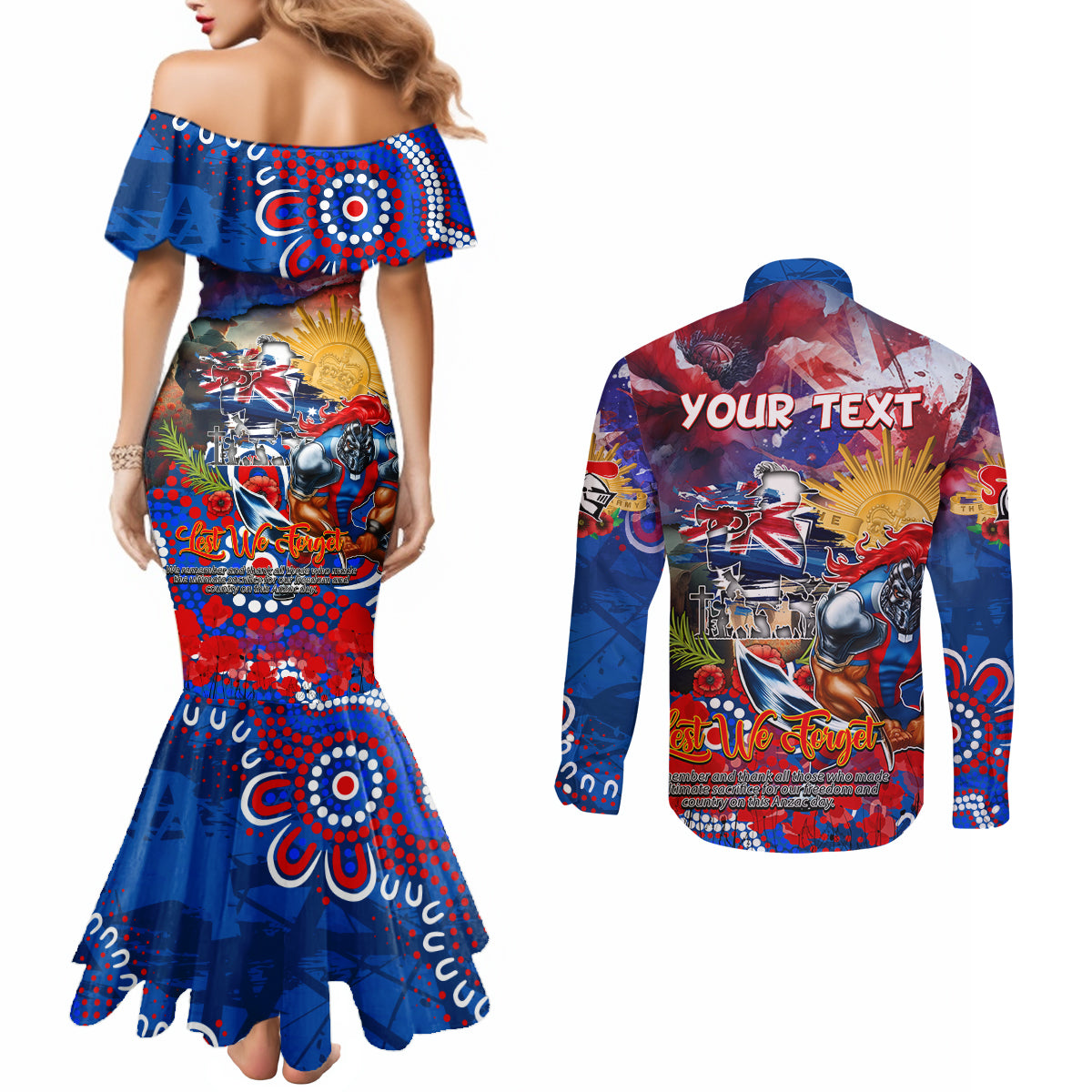 Personalised Australia Rugby Knights ANZAC Couples Matching Mermaid Dress and Long Sleeve Button Shirt Newcastle Scratch Style