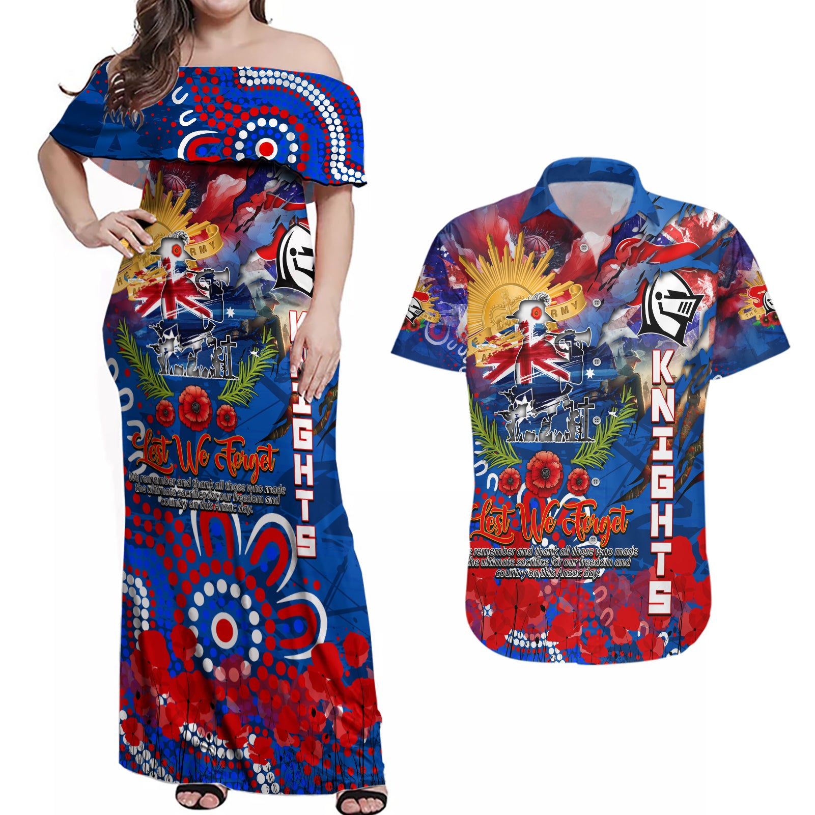 Personalised Australia Rugby Knights ANZAC Couples Matching Off Shoulder Maxi Dress and Hawaiian Shirt Newcastle Scratch Style