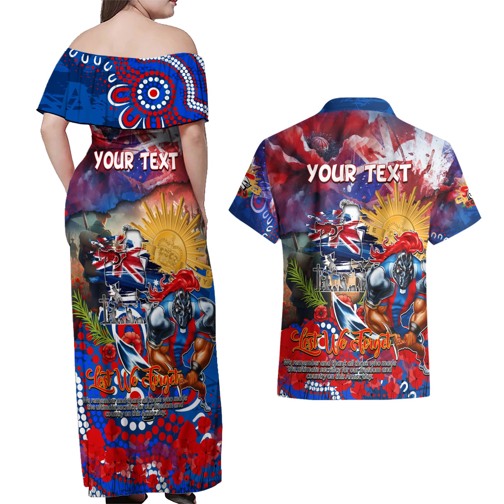 Personalised Australia Rugby Knights ANZAC Couples Matching Off Shoulder Maxi Dress and Hawaiian Shirt Newcastle Scratch Style