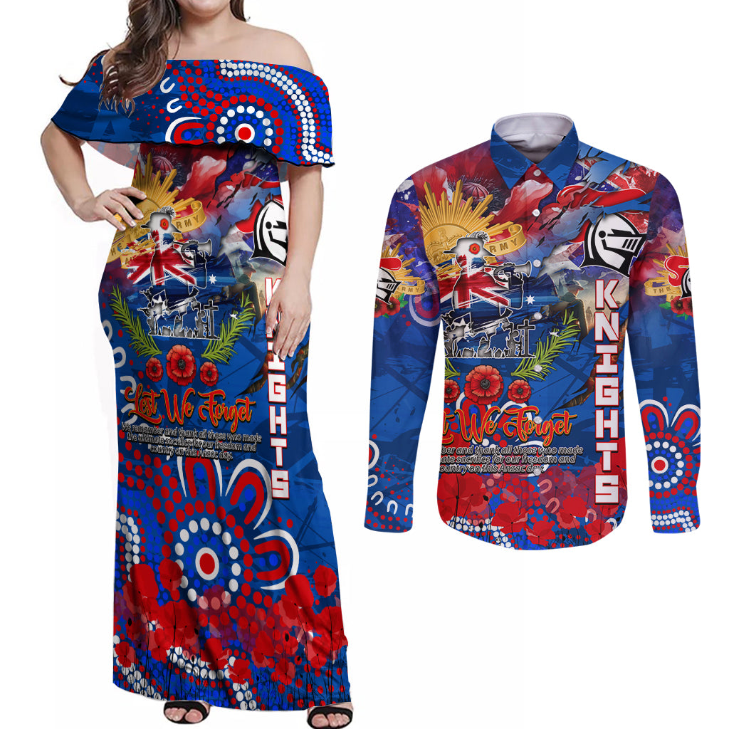 Personalised Australia Rugby Knights ANZAC Couples Matching Off Shoulder Maxi Dress and Long Sleeve Button Shirt Newcastle Scratch Style