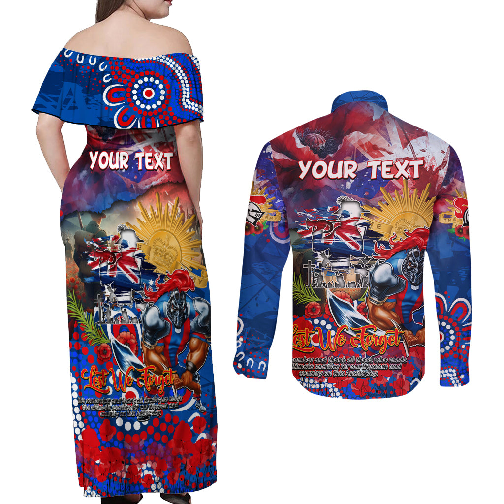 Personalised Australia Rugby Knights ANZAC Couples Matching Off Shoulder Maxi Dress and Long Sleeve Button Shirt Newcastle Scratch Style