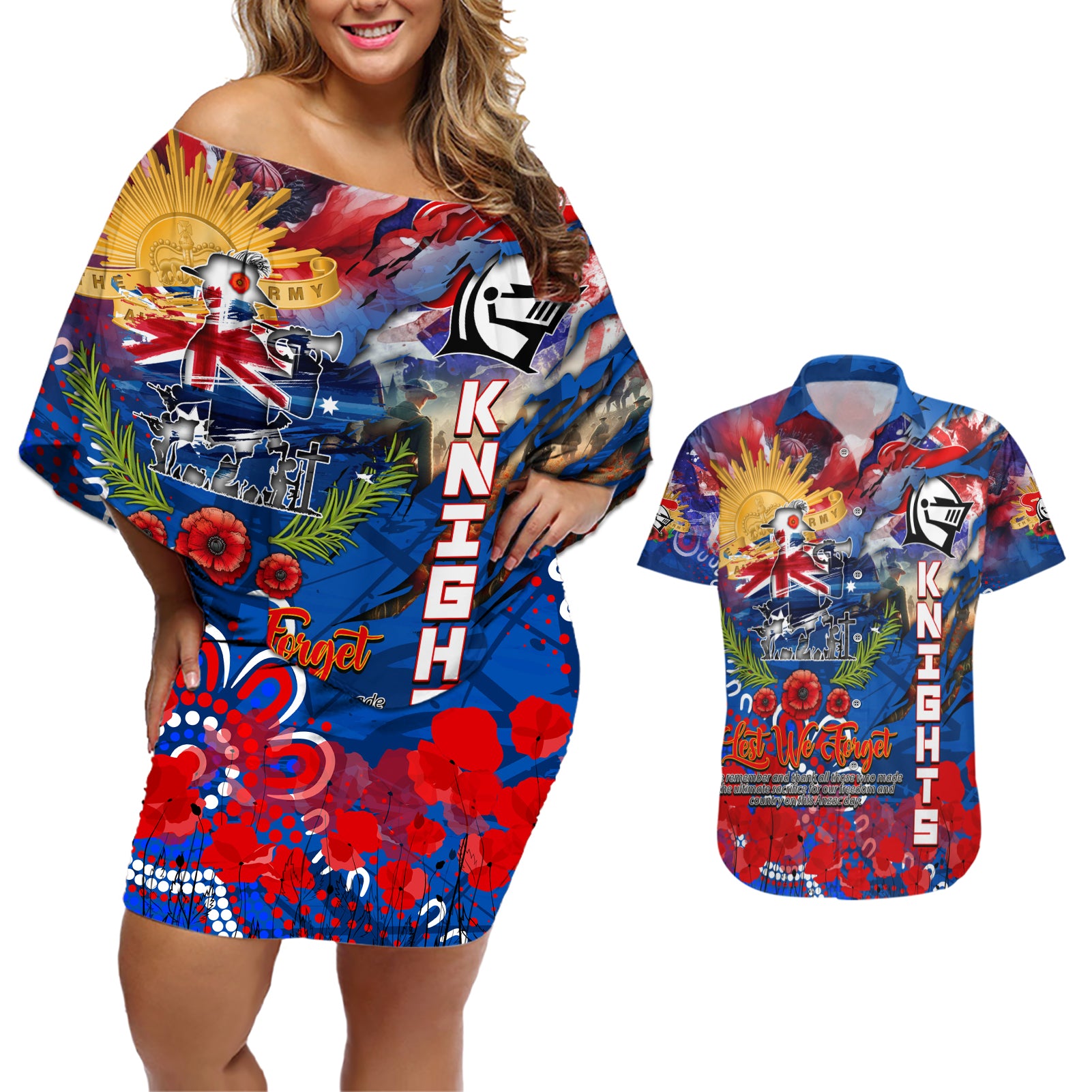 Personalised Australia Rugby Knights ANZAC Couples Matching Off Shoulder Short Dress and Hawaiian Shirt Newcastle Scratch Style