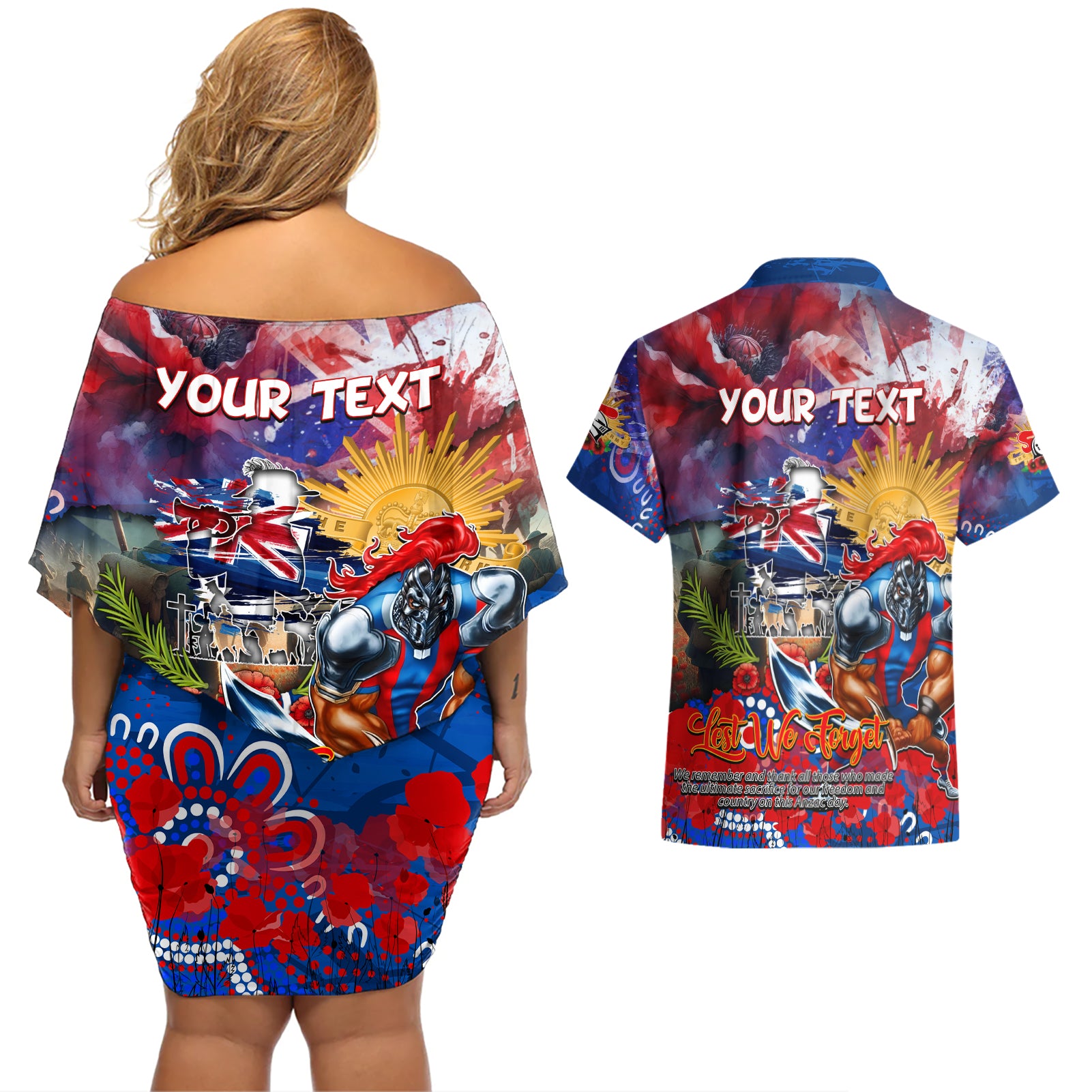 Personalised Australia Rugby Knights ANZAC Couples Matching Off Shoulder Short Dress and Hawaiian Shirt Newcastle Scratch Style