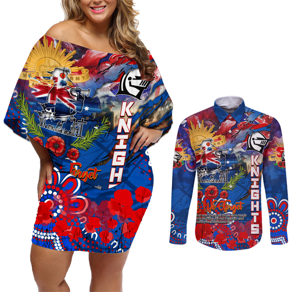 Personalised Australia Rugby Knights ANZAC Couples Matching Off Shoulder Short Dress and Long Sleeve Button Shirt Newcastle Scratch Style