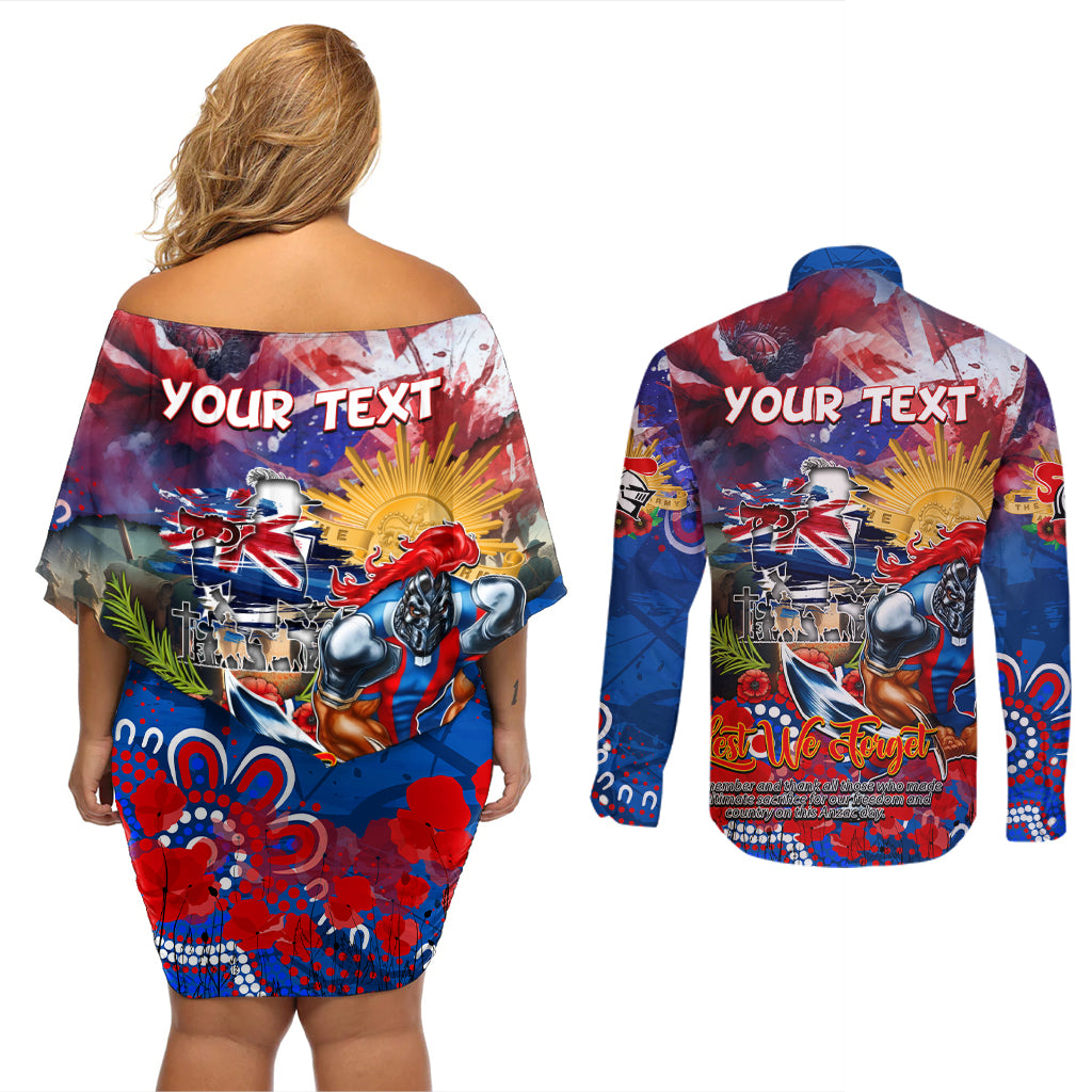 Personalised Australia Rugby Knights ANZAC Couples Matching Off Shoulder Short Dress and Long Sleeve Button Shirt Newcastle Scratch Style