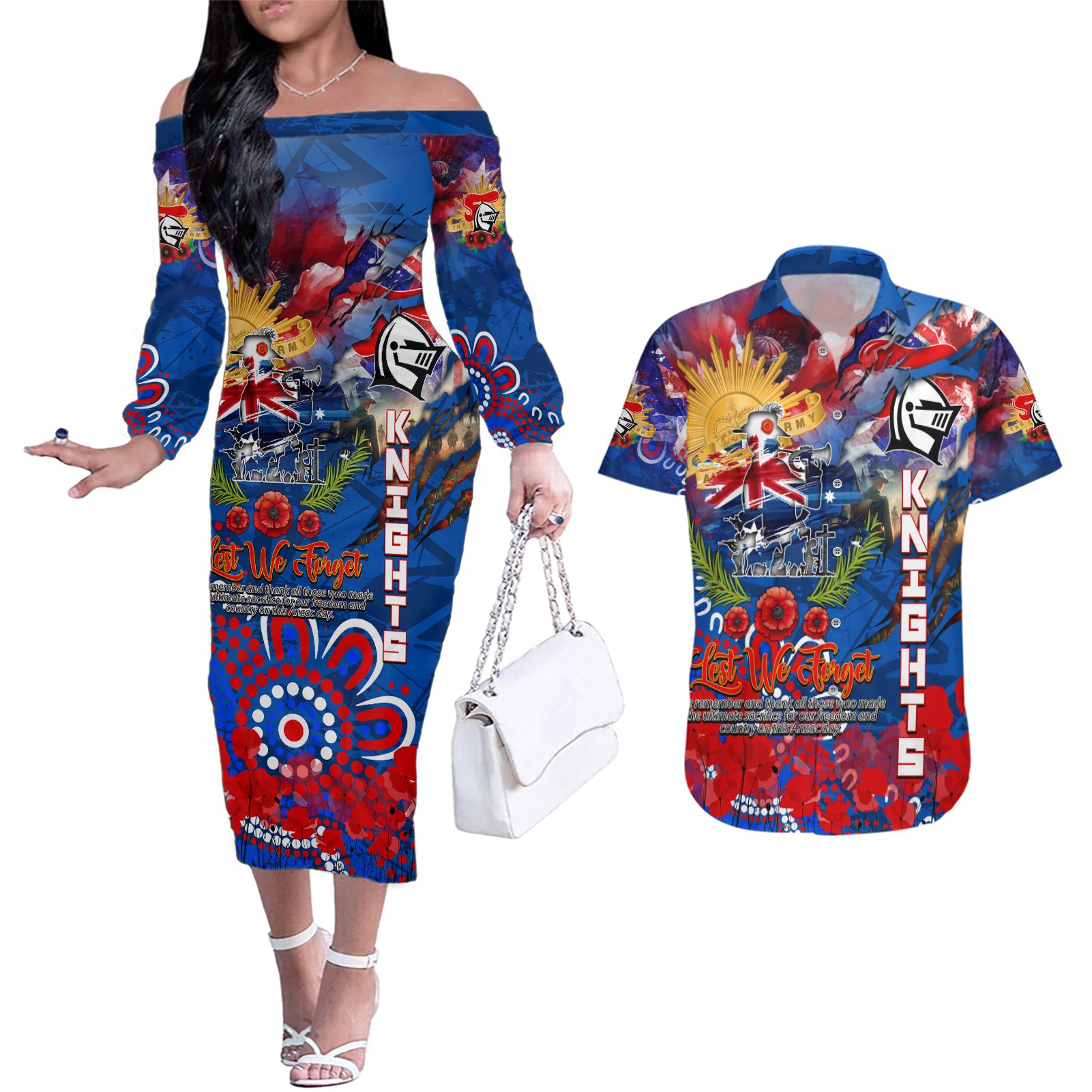 Personalised Australia Rugby Knights ANZAC Couples Matching Off The Shoulder Long Sleeve Dress and Hawaiian Shirt Newcastle Scratch Style
