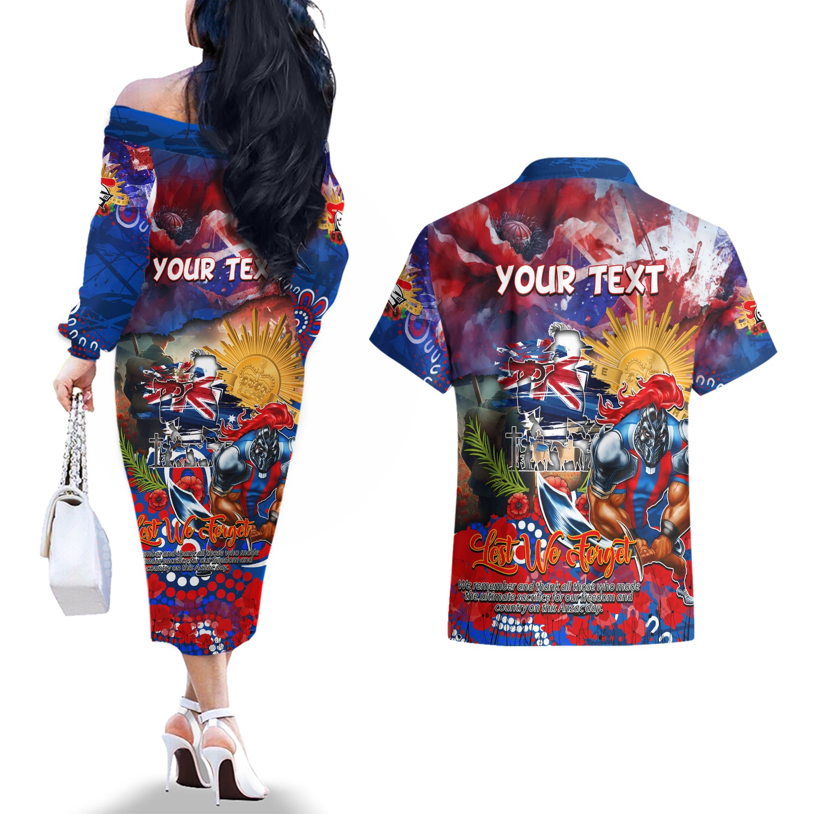 Personalised Australia Rugby Knights ANZAC Couples Matching Off The Shoulder Long Sleeve Dress and Hawaiian Shirt Newcastle Scratch Style