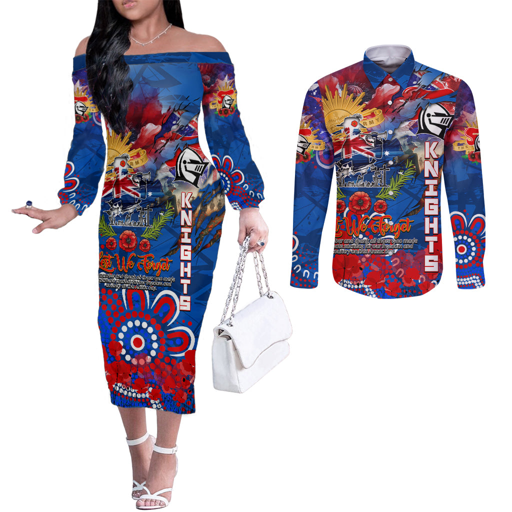 Personalised Australia Rugby Knights ANZAC Couples Matching Off The Shoulder Long Sleeve Dress and Long Sleeve Button Shirt Newcastle Scratch Style