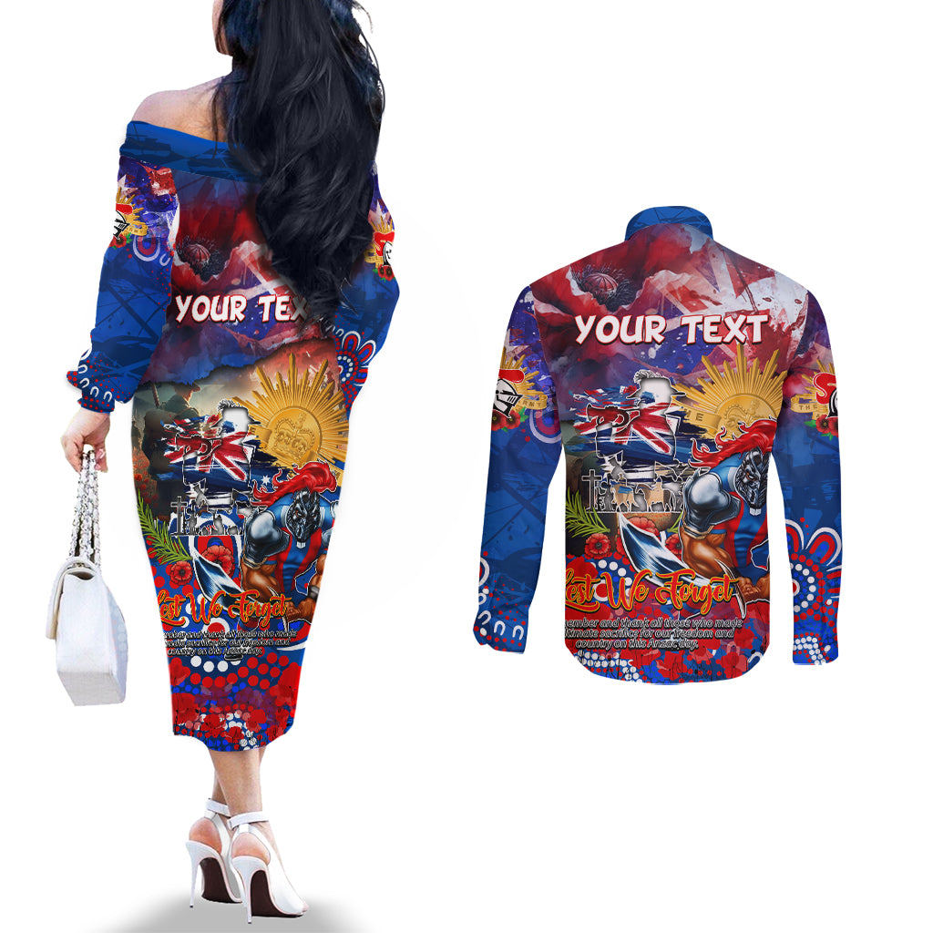 Personalised Australia Rugby Knights ANZAC Couples Matching Off The Shoulder Long Sleeve Dress and Long Sleeve Button Shirt Newcastle Scratch Style