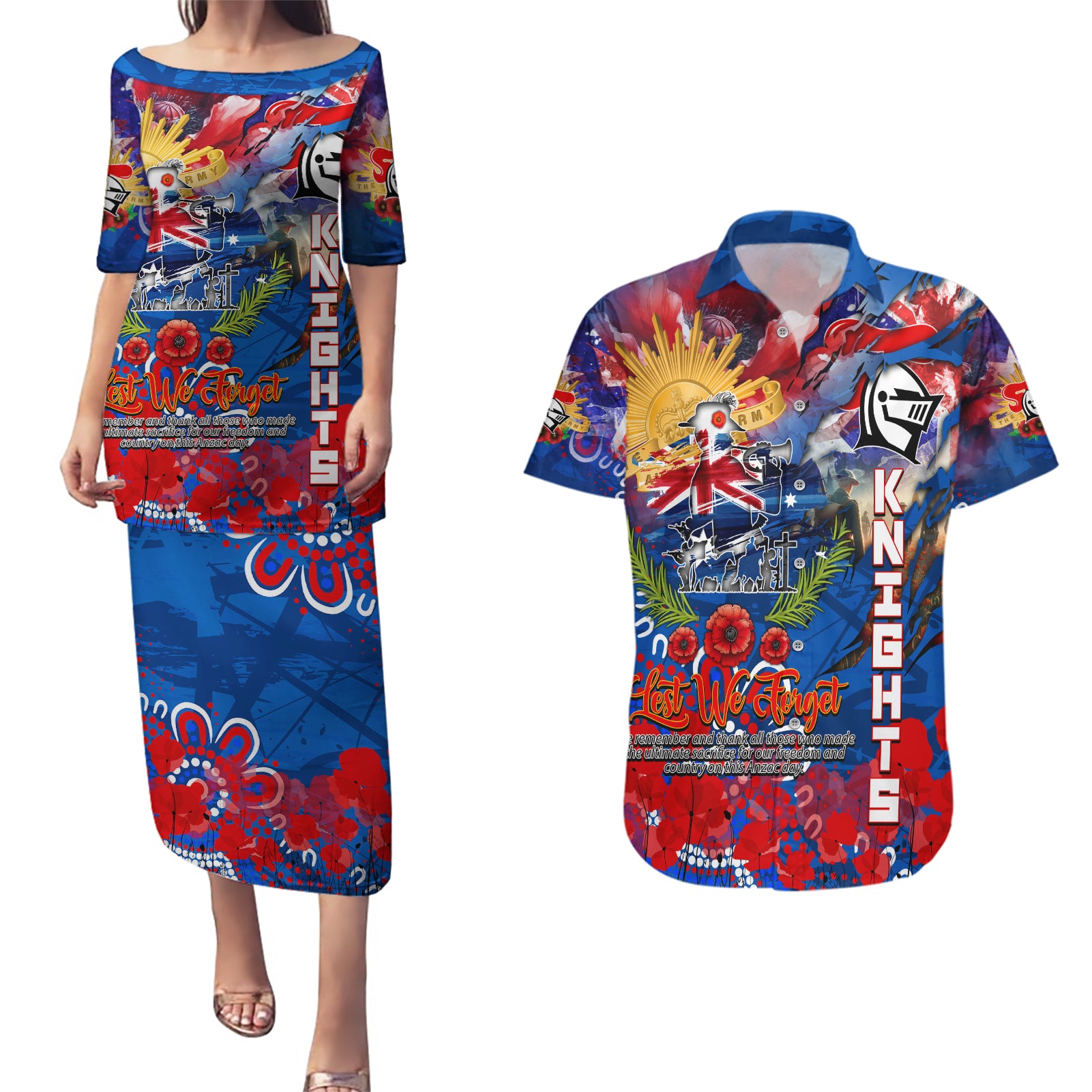 Personalised Australia Rugby Knights ANZAC Couples Matching Puletasi and Hawaiian Shirt Newcastle Scratch Style