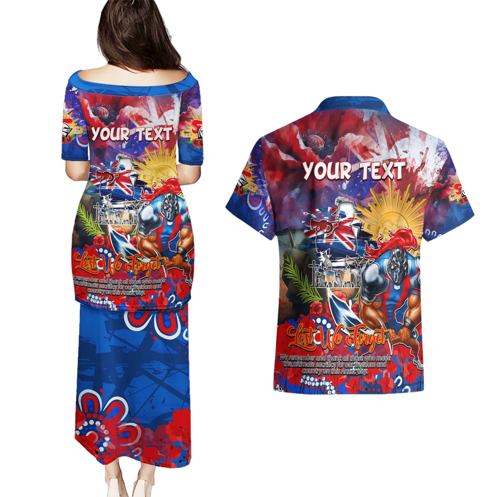 Personalised Australia Rugby Knights ANZAC Couples Matching Puletasi and Hawaiian Shirt Newcastle Scratch Style