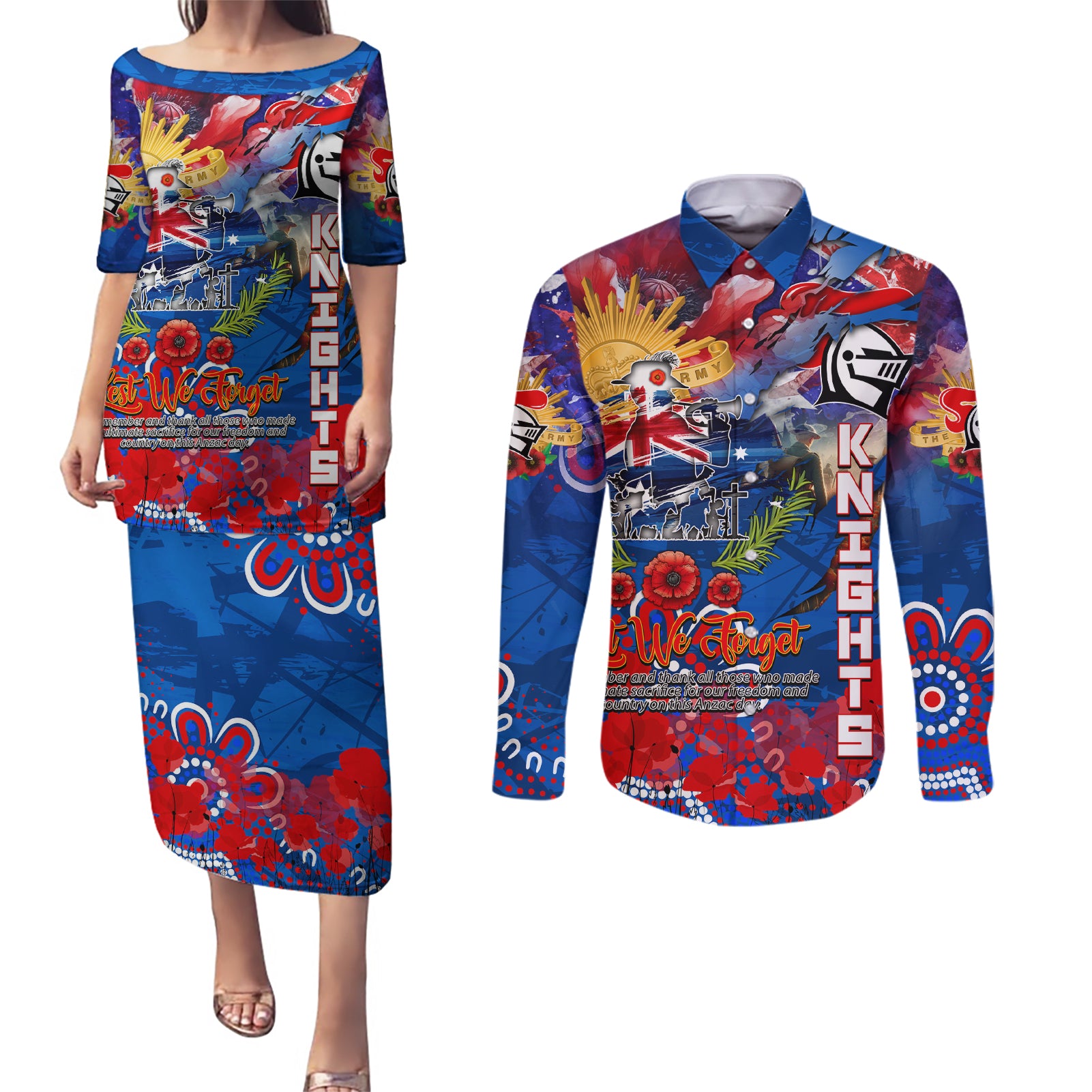 Personalised Australia Rugby Knights ANZAC Couples Matching Puletasi and Long Sleeve Button Shirt Newcastle Scratch Style