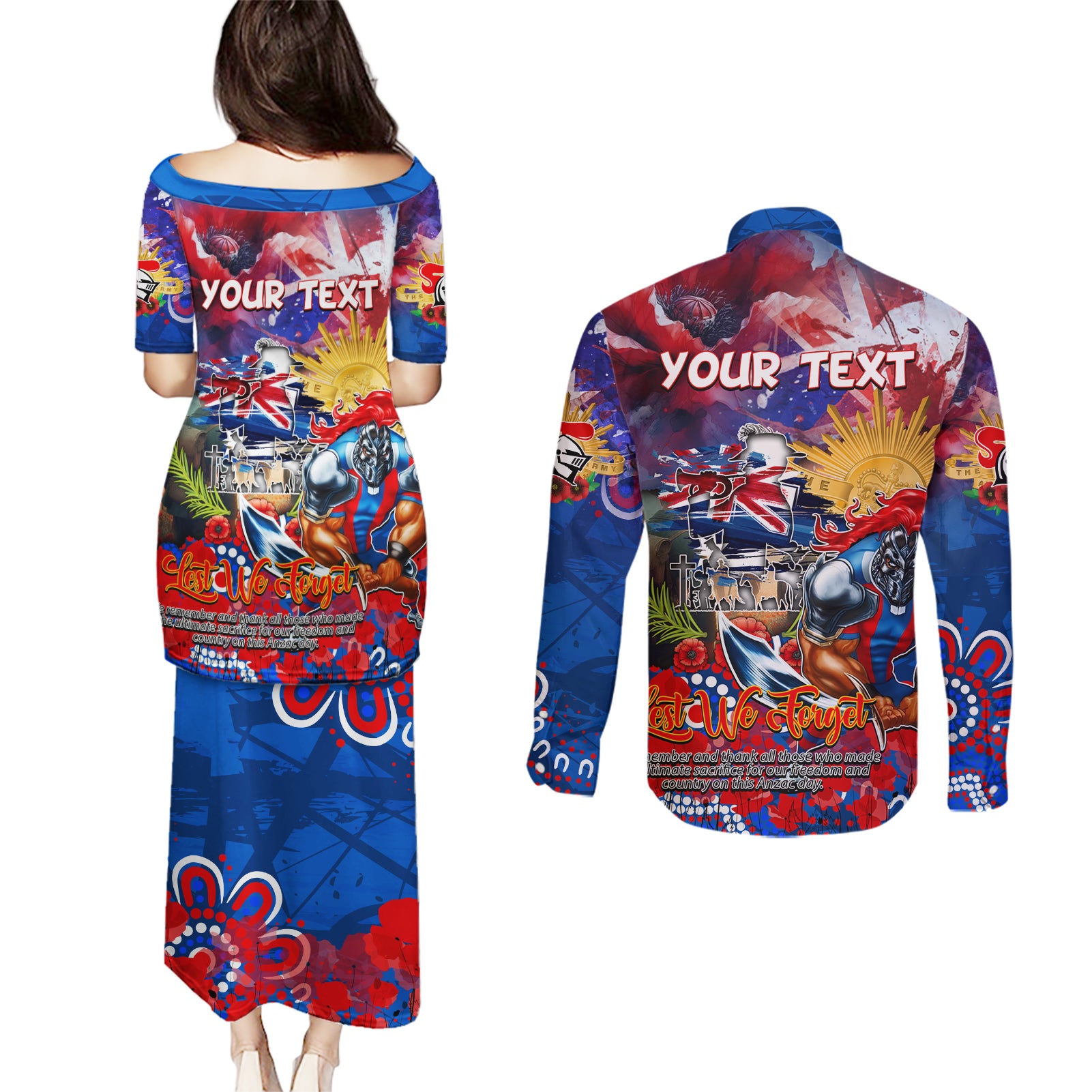 Personalised Australia Rugby Knights ANZAC Couples Matching Puletasi and Long Sleeve Button Shirt Newcastle Scratch Style