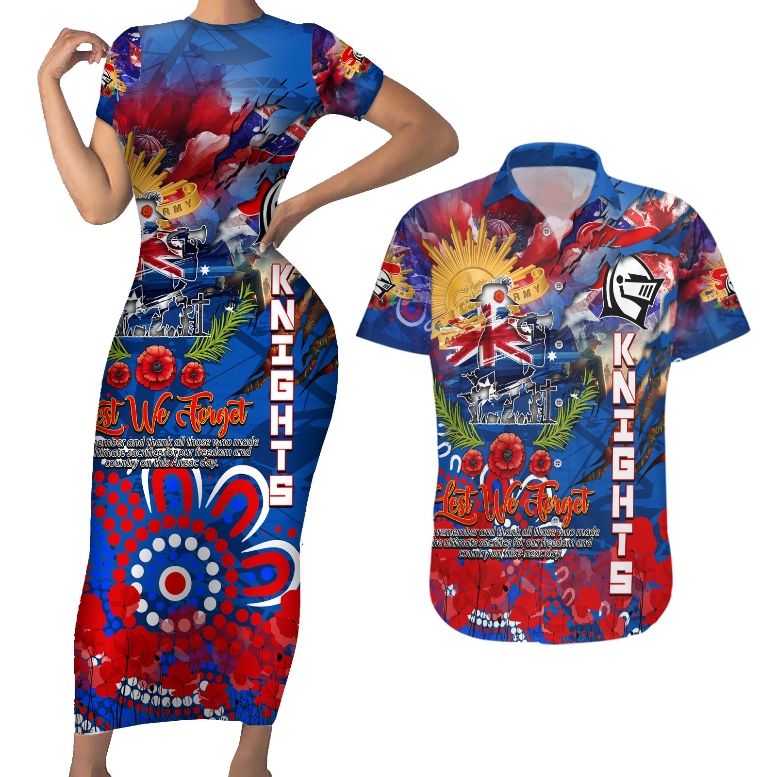 Personalised Australia Rugby Knights ANZAC Couples Matching Short Sleeve Bodycon Dress and Hawaiian Shirt Newcastle Scratch Style