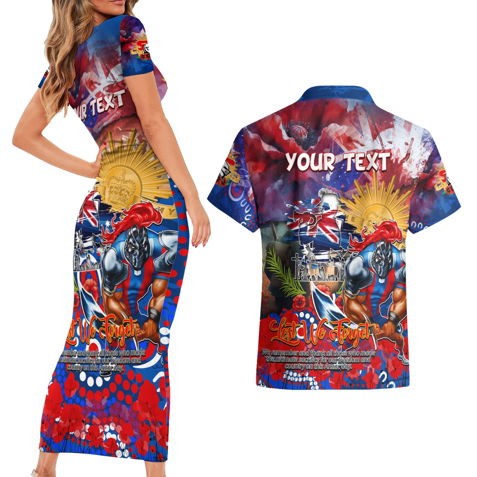 Personalised Australia Rugby Knights ANZAC Couples Matching Short Sleeve Bodycon Dress and Hawaiian Shirt Newcastle Scratch Style