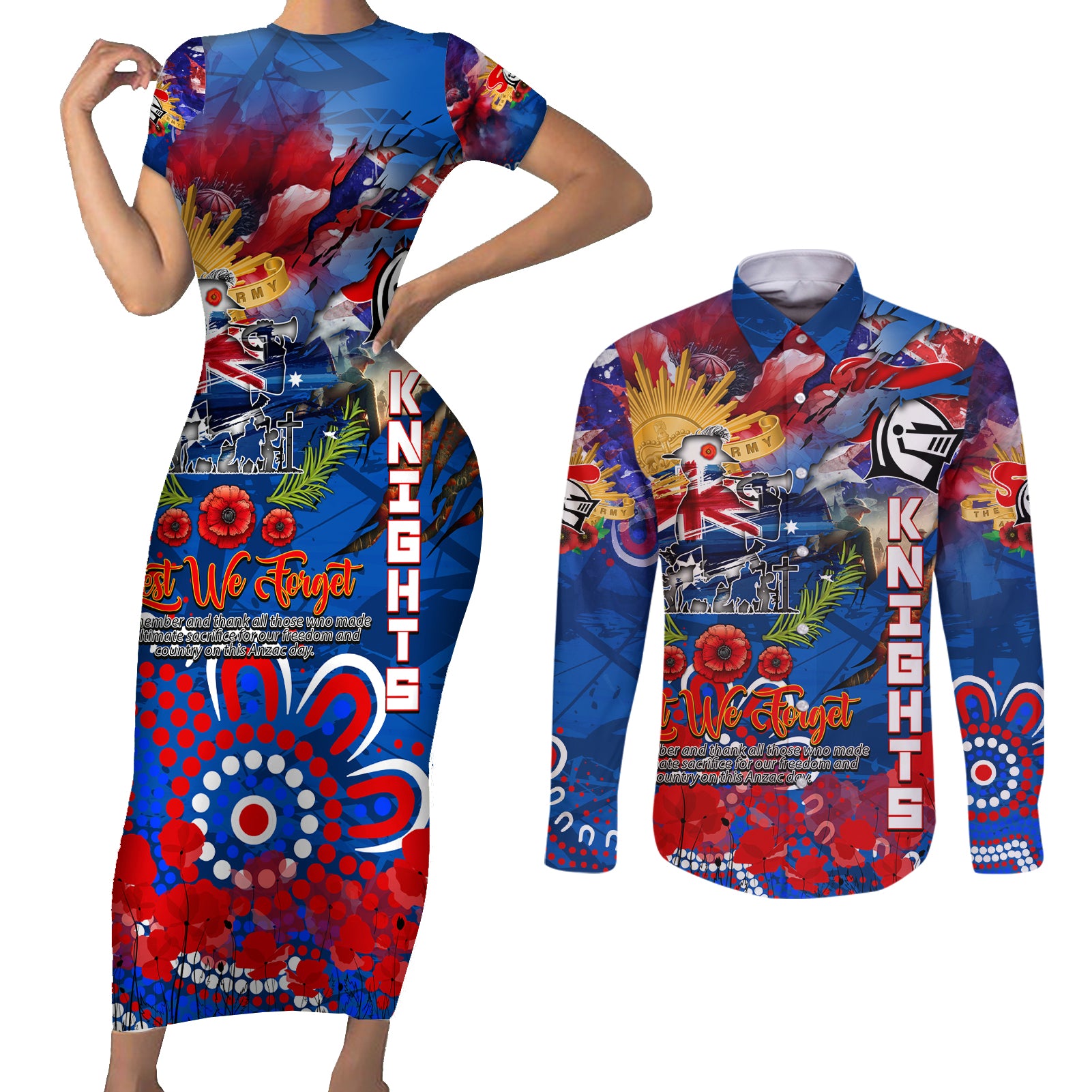 Personalised Australia Rugby Knights ANZAC Couples Matching Short Sleeve Bodycon Dress and Long Sleeve Button Shirt Newcastle Scratch Style