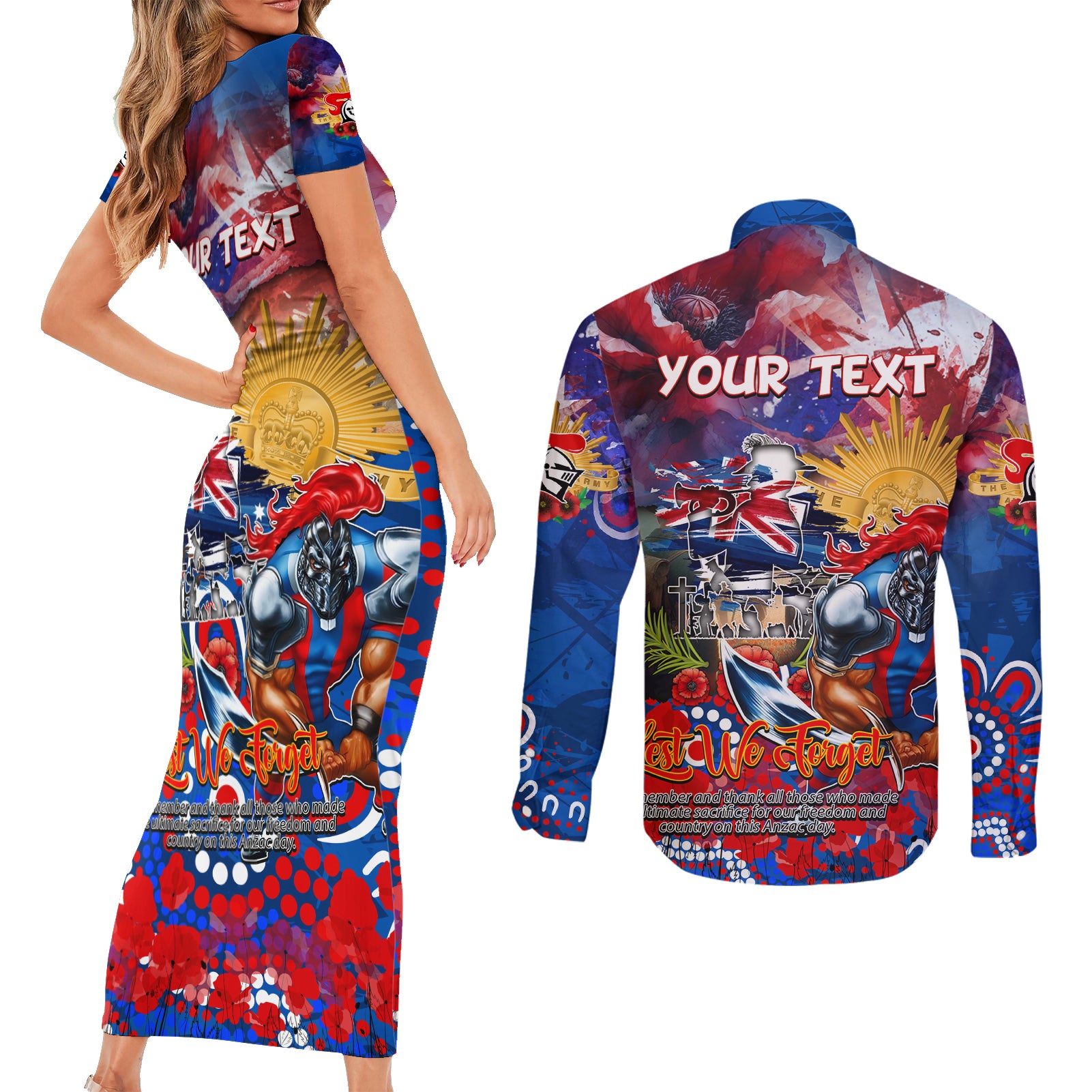 Personalised Australia Rugby Knights ANZAC Couples Matching Short Sleeve Bodycon Dress and Long Sleeve Button Shirt Newcastle Scratch Style