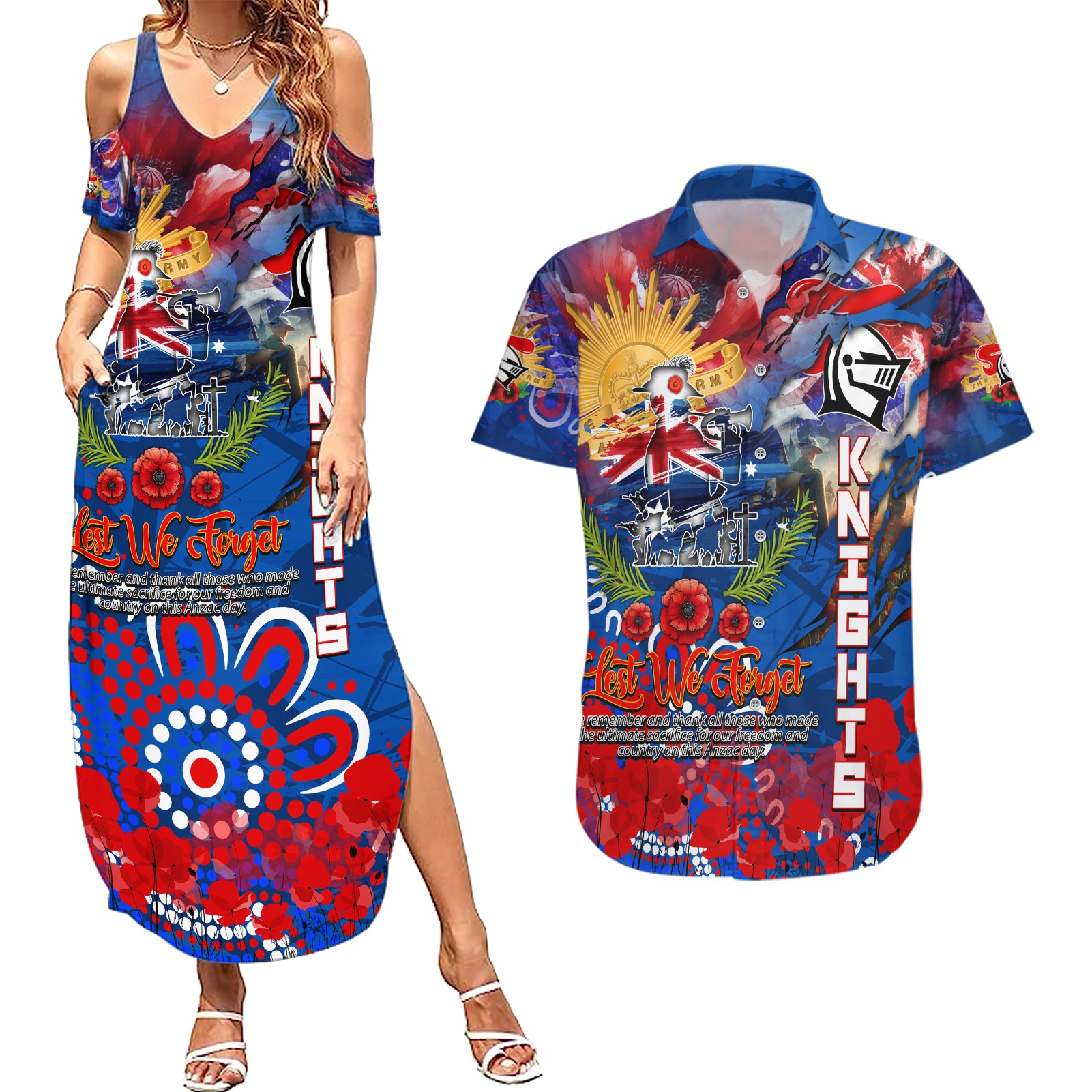 Personalised Australia Rugby Knights ANZAC Couples Matching Summer Maxi Dress and Hawaiian Shirt Newcastle Scratch Style