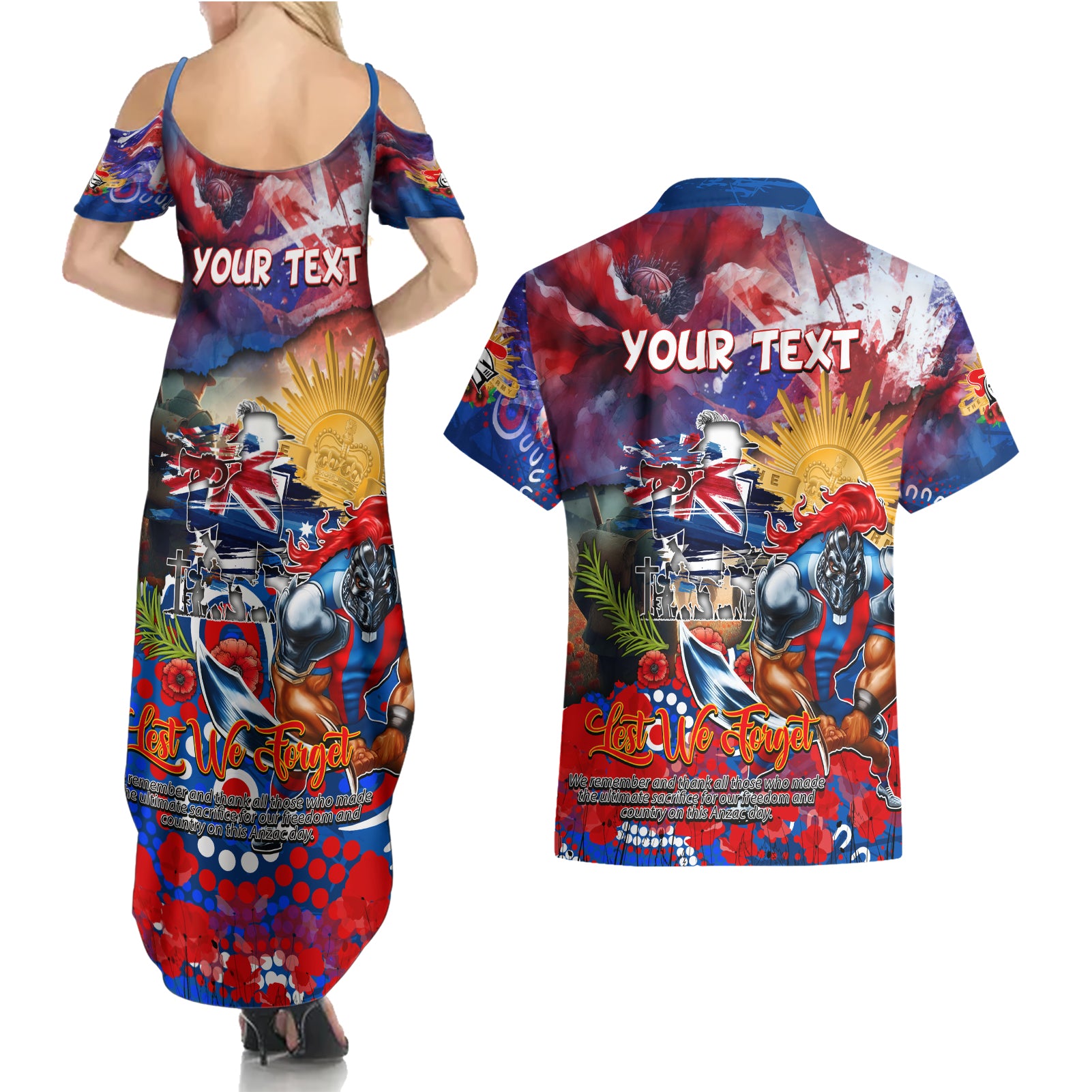 Personalised Australia Rugby Knights ANZAC Couples Matching Summer Maxi Dress and Hawaiian Shirt Newcastle Scratch Style