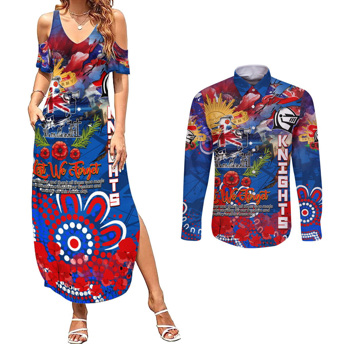 Personalised Australia Rugby Knights ANZAC Couples Matching Summer Maxi Dress and Long Sleeve Button Shirt Newcastle Scratch Style