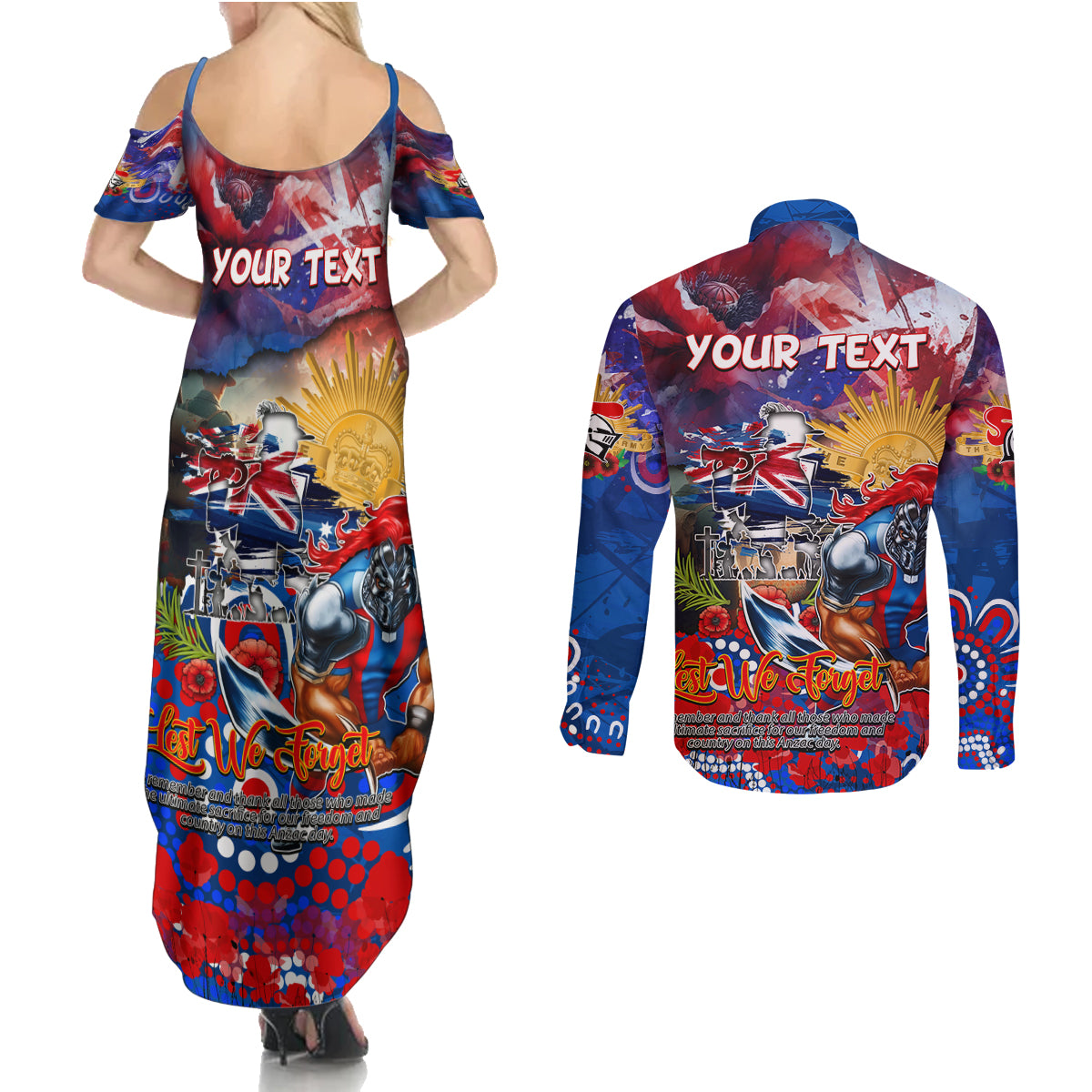 Personalised Australia Rugby Knights ANZAC Couples Matching Summer Maxi Dress and Long Sleeve Button Shirt Newcastle Scratch Style