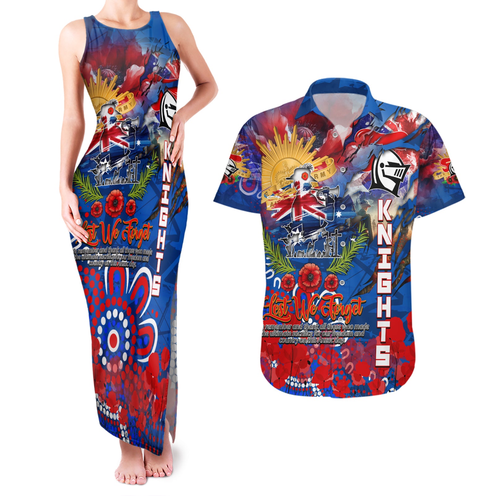 Personalised Australia Rugby Knights ANZAC Couples Matching Tank Maxi Dress and Hawaiian Shirt Newcastle Scratch Style