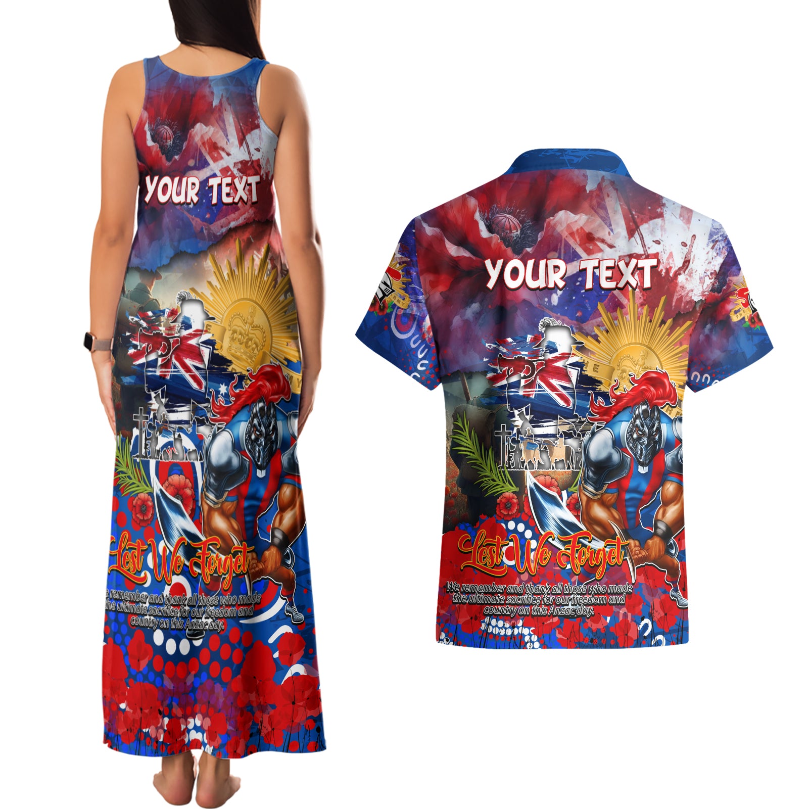 Personalised Australia Rugby Knights ANZAC Couples Matching Tank Maxi Dress and Hawaiian Shirt Newcastle Scratch Style