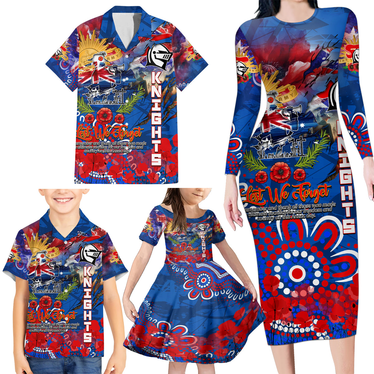 Personalised Australia Rugby Knights ANZAC Family Matching Long Sleeve Bodycon Dress and Hawaiian Shirt Newcastle Scratch Style