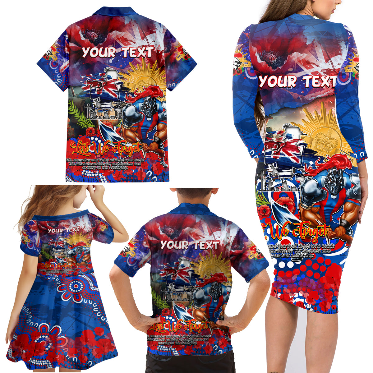 Personalised Australia Rugby Knights ANZAC Family Matching Long Sleeve Bodycon Dress and Hawaiian Shirt Newcastle Scratch Style