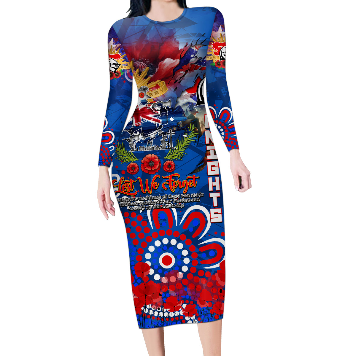 Personalised Australia Rugby Knights ANZAC Family Matching Long Sleeve Bodycon Dress and Hawaiian Shirt Newcastle Scratch Style
