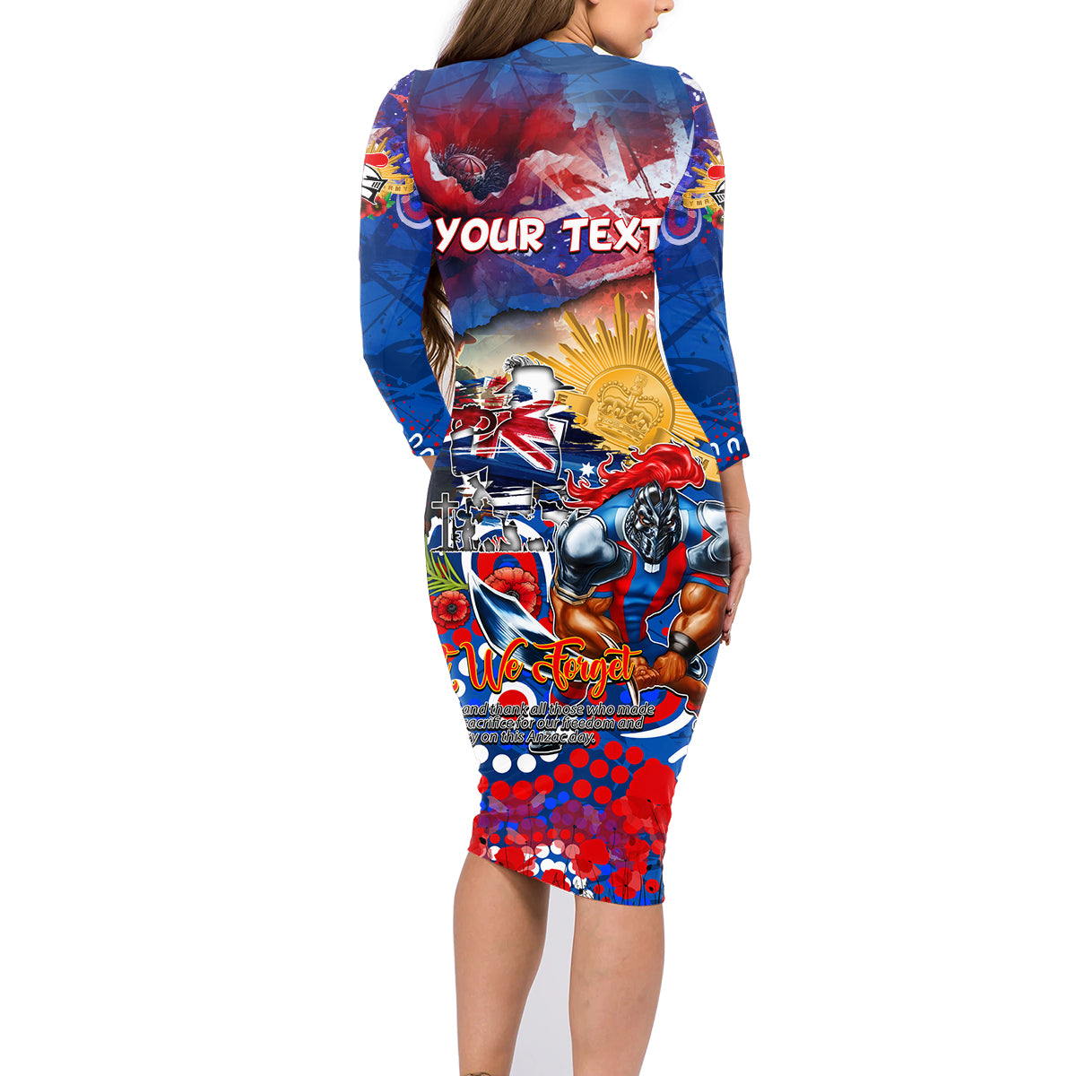 Personalised Australia Rugby Knights ANZAC Family Matching Long Sleeve Bodycon Dress and Hawaiian Shirt Newcastle Scratch Style