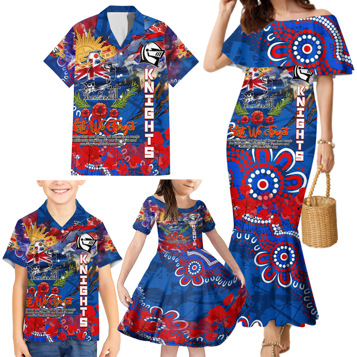 Personalised Australia Rugby Knights ANZAC Family Matching Mermaid Dress and Hawaiian Shirt Newcastle Scratch Style