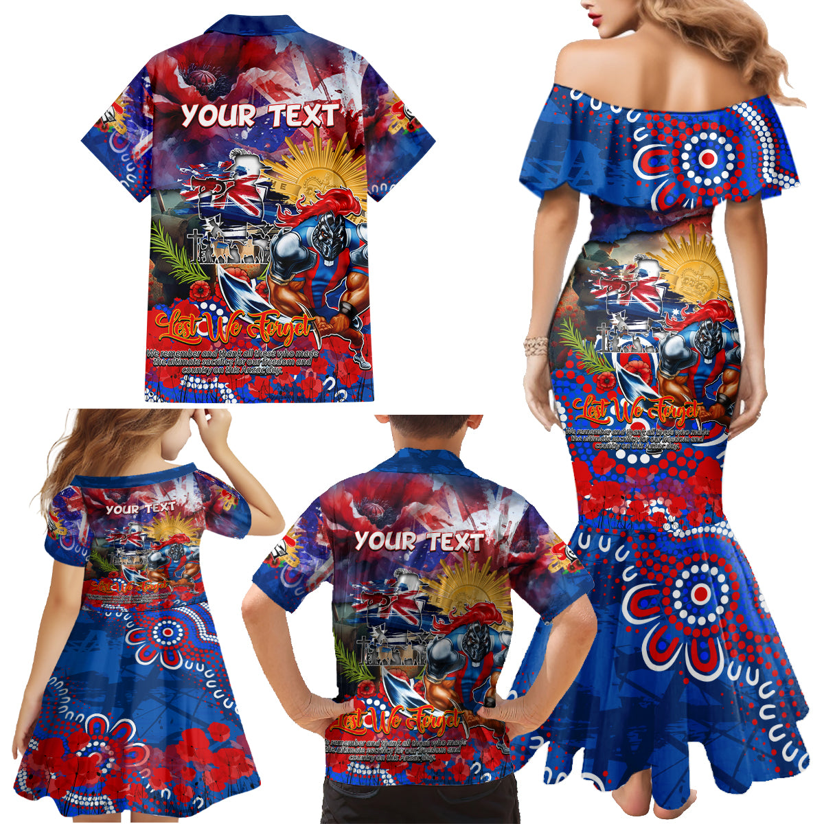 Personalised Australia Rugby Knights ANZAC Family Matching Mermaid Dress and Hawaiian Shirt Newcastle Scratch Style