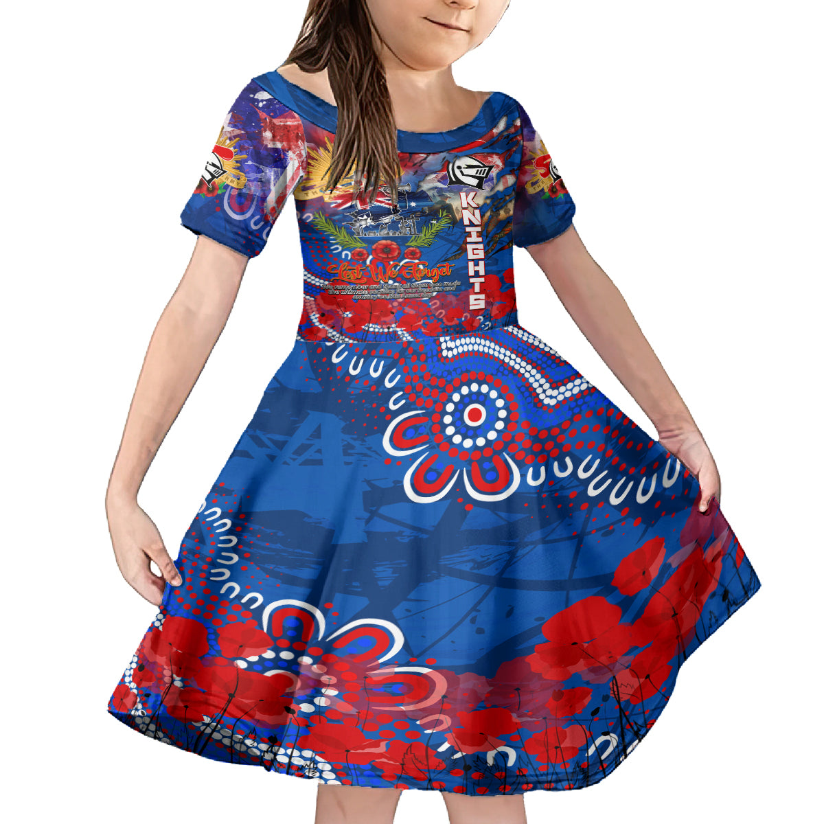 Personalised Australia Rugby Knights ANZAC Family Matching Off The Shoulder Long Sleeve Dress and Hawaiian Shirt Newcastle Scratch Style