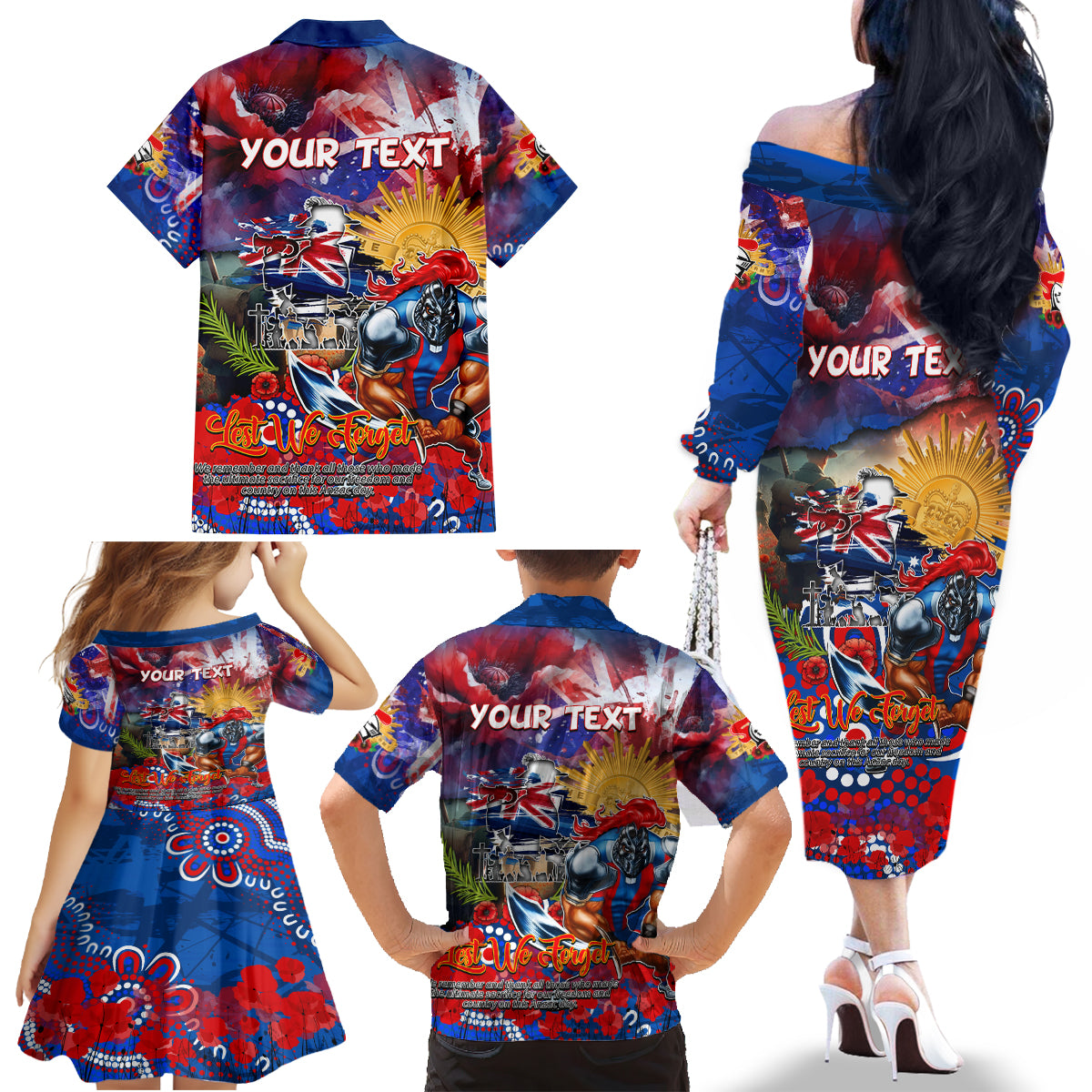 Personalised Australia Rugby Knights ANZAC Family Matching Off The Shoulder Long Sleeve Dress and Hawaiian Shirt Newcastle Scratch Style