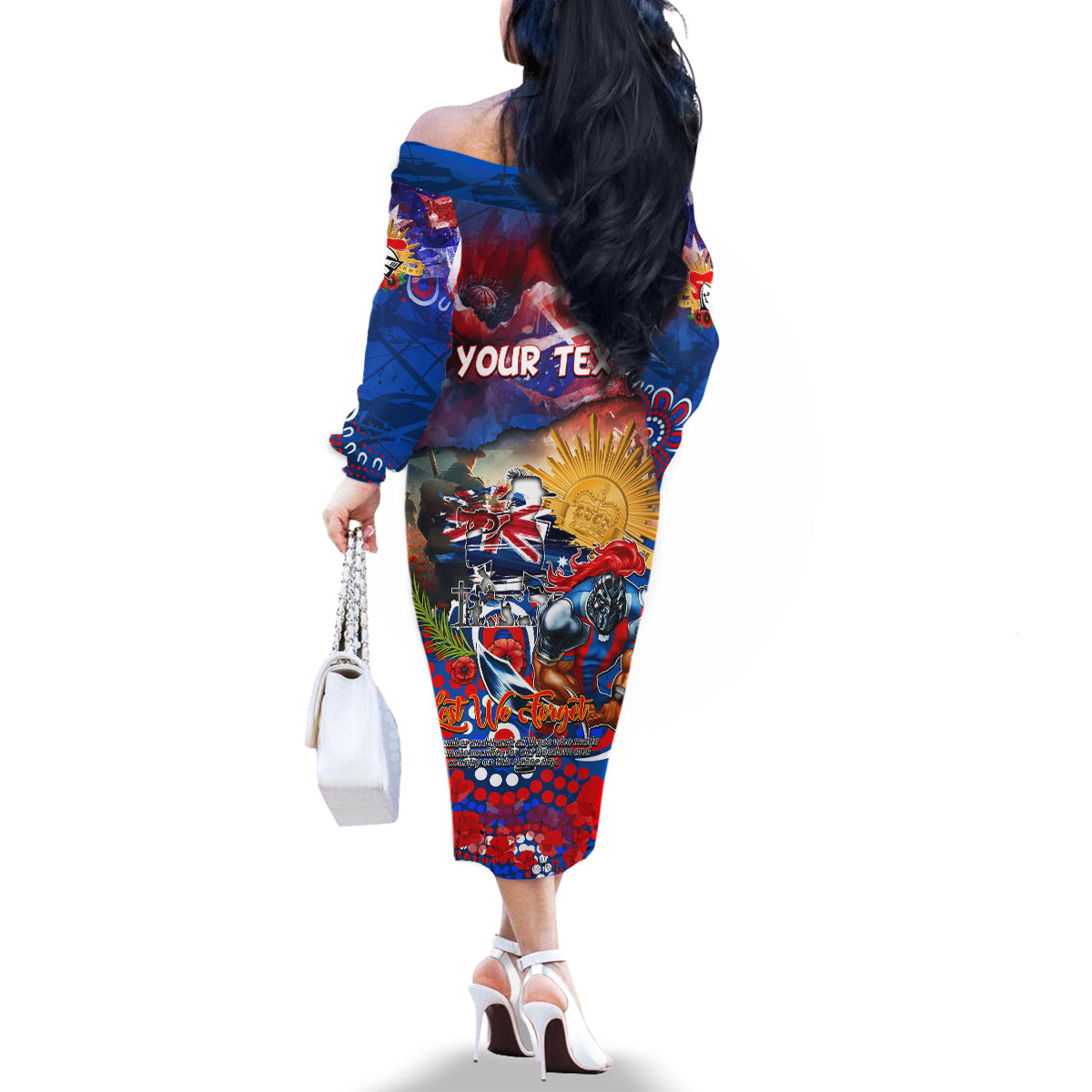 Personalised Australia Rugby Knights ANZAC Family Matching Off The Shoulder Long Sleeve Dress and Hawaiian Shirt Newcastle Scratch Style
