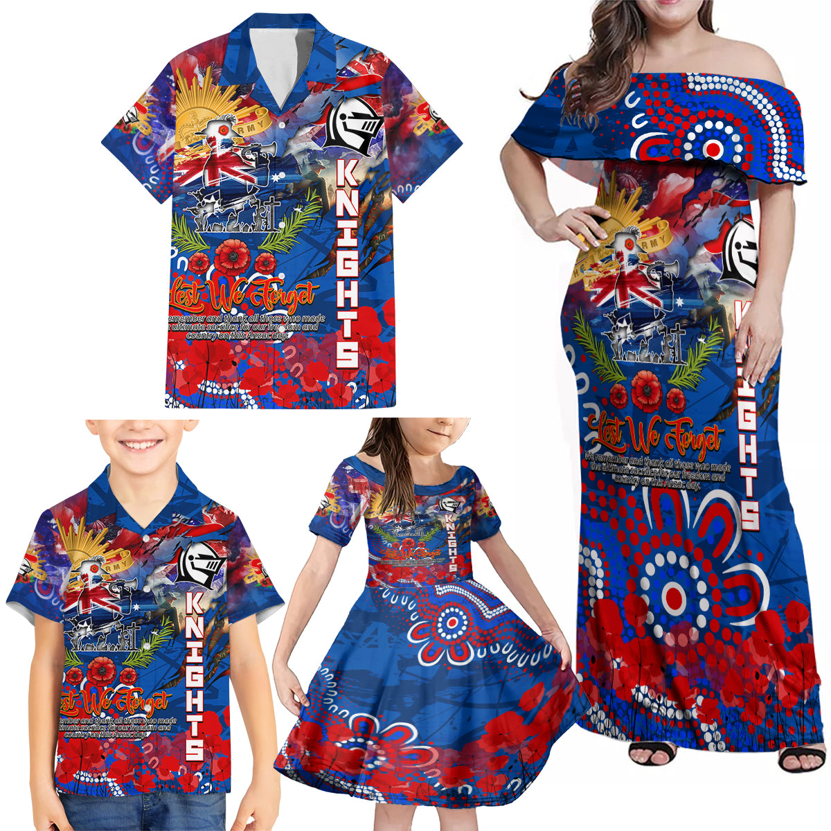 Personalised Australia Rugby Knights ANZAC Family Matching Off Shoulder Maxi Dress and Hawaiian Shirt Newcastle Scratch Style