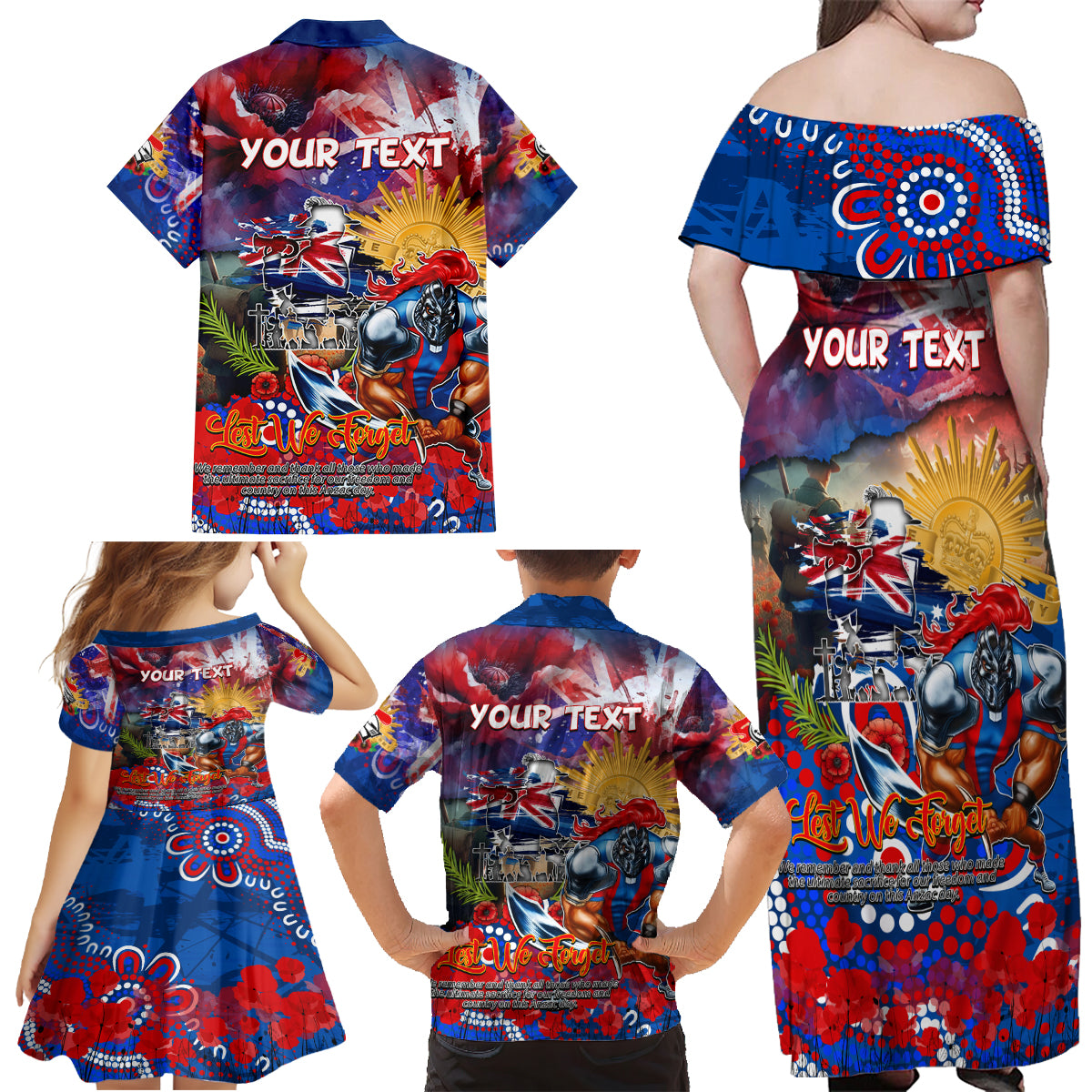 Personalised Australia Rugby Knights ANZAC Family Matching Off Shoulder Maxi Dress and Hawaiian Shirt Newcastle Scratch Style