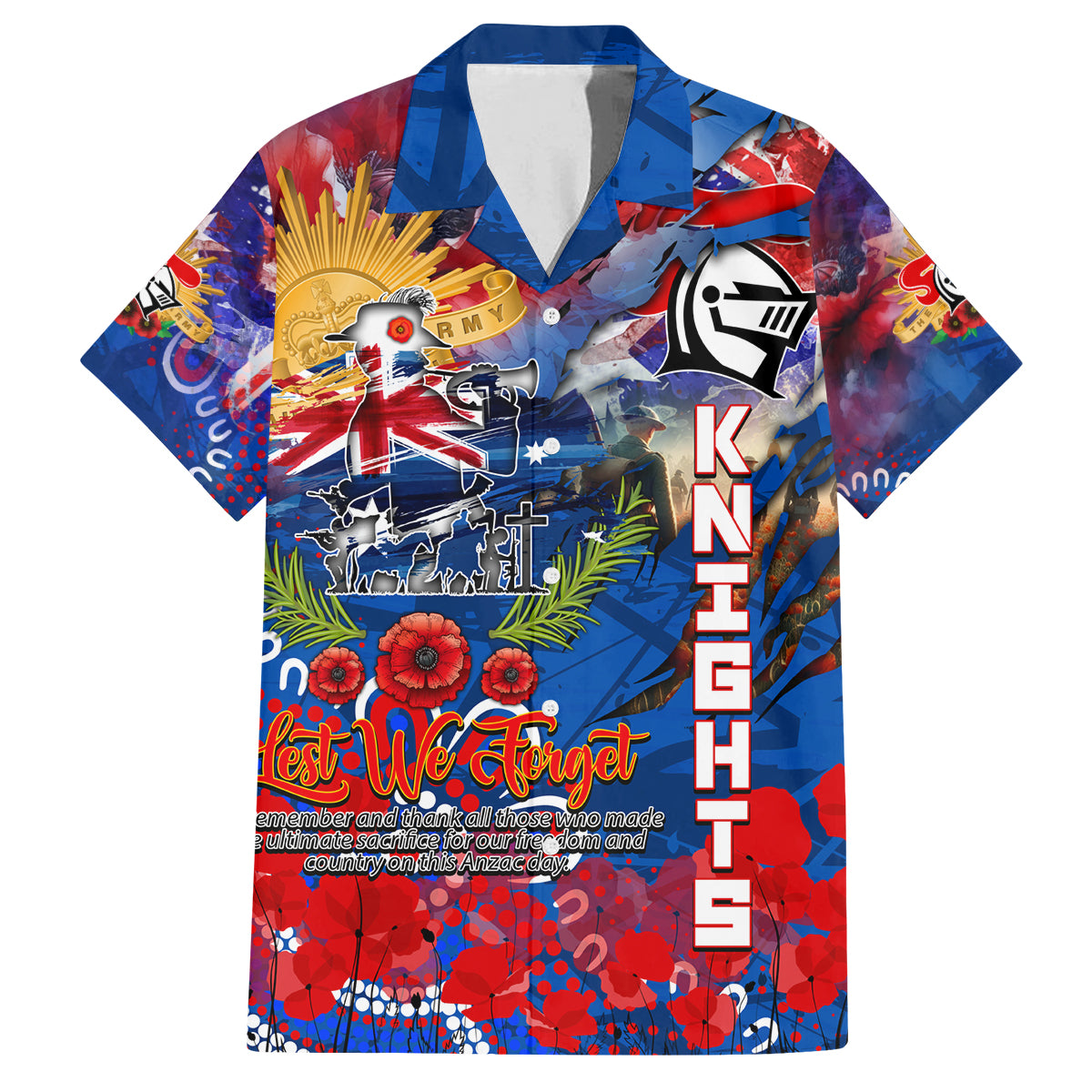 Personalised Australia Rugby Knights ANZAC Family Matching Off Shoulder Maxi Dress and Hawaiian Shirt Newcastle Scratch Style